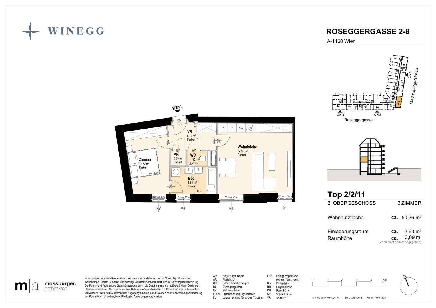 Grundriss einer 2-Zimmer-Wohnung mit offener Wohnküche, separatem WC und Bad.