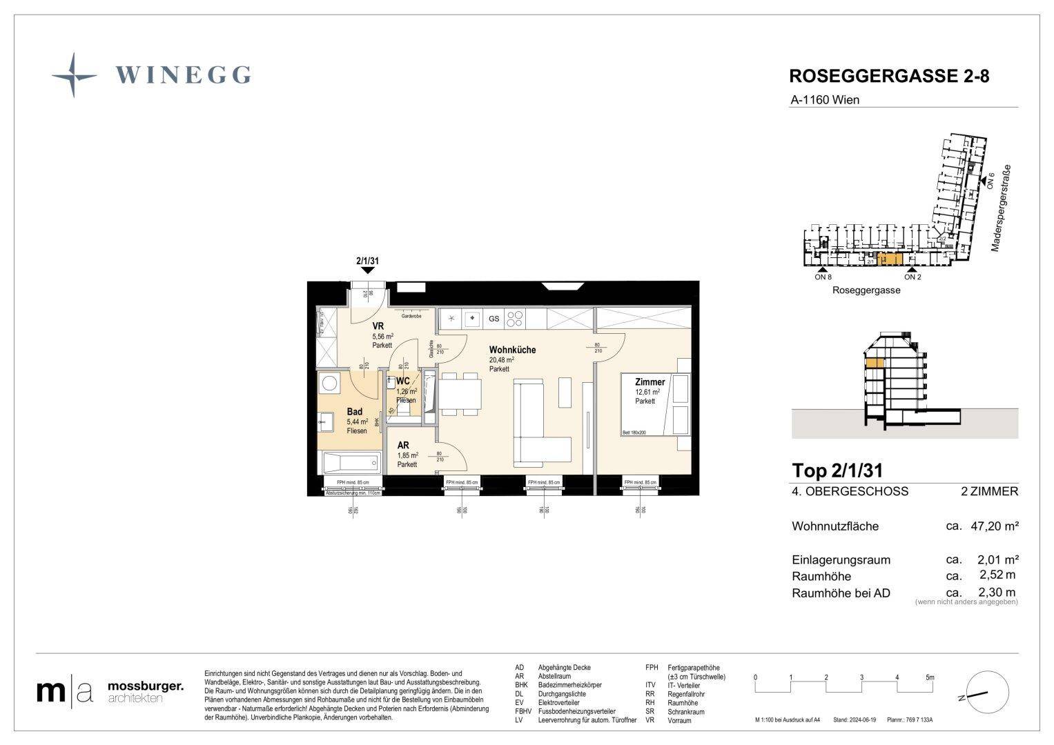 Grundriss einer Zweizimmerwohnung mit separatem WC und Bad, sowie offener Wohnküche.
