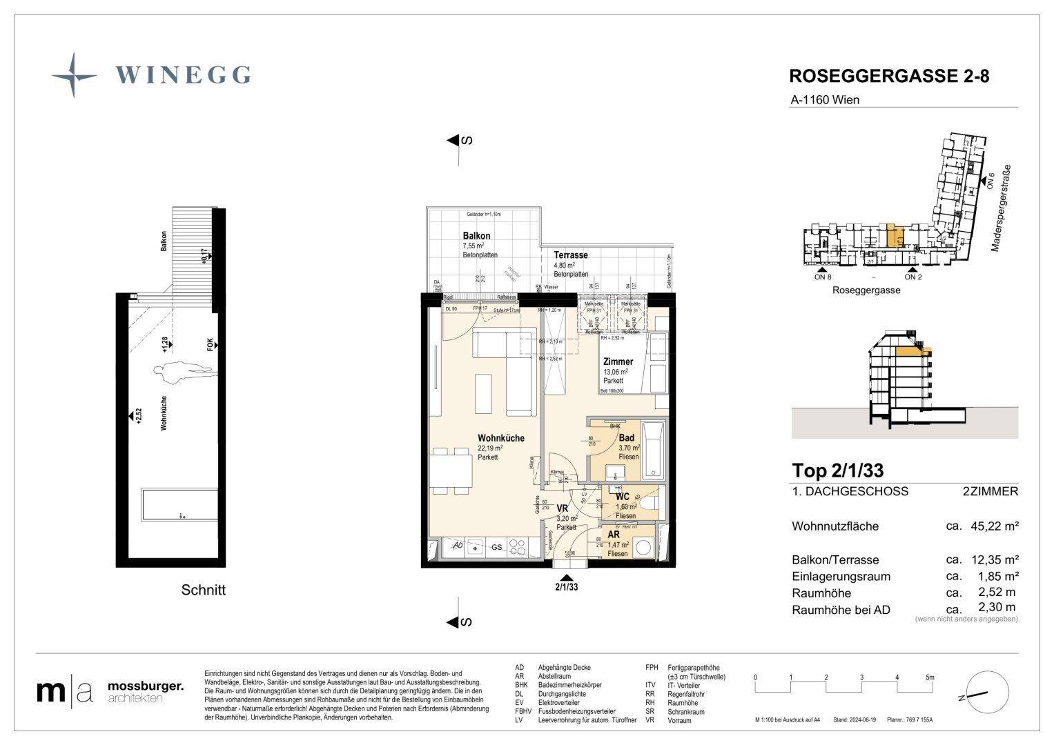 Grundriss einer 2-Zimmer-Wohnung mit offener Wohnküche, separatem WC, Balkon und Terrasse im Dachgeschoss.