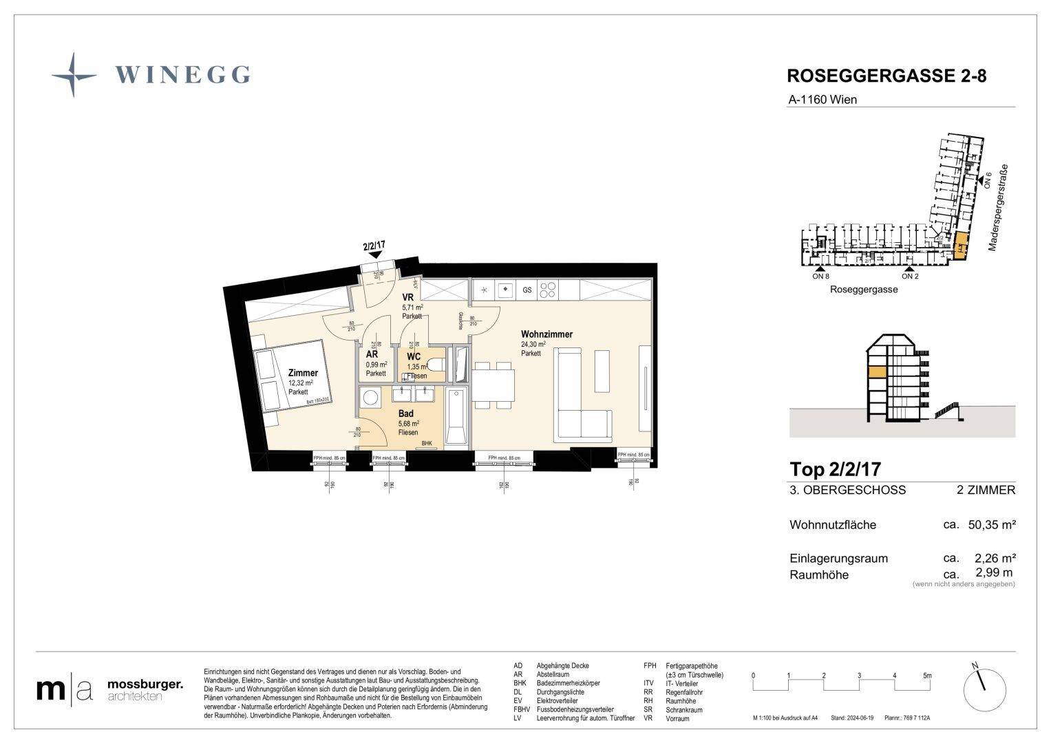 Dieser Grundriss zeigt eine 2-Zimmer-Wohnung mit offenem Wohnbereich, separatem Schlafzimmer, Bad und Gäste-WC.