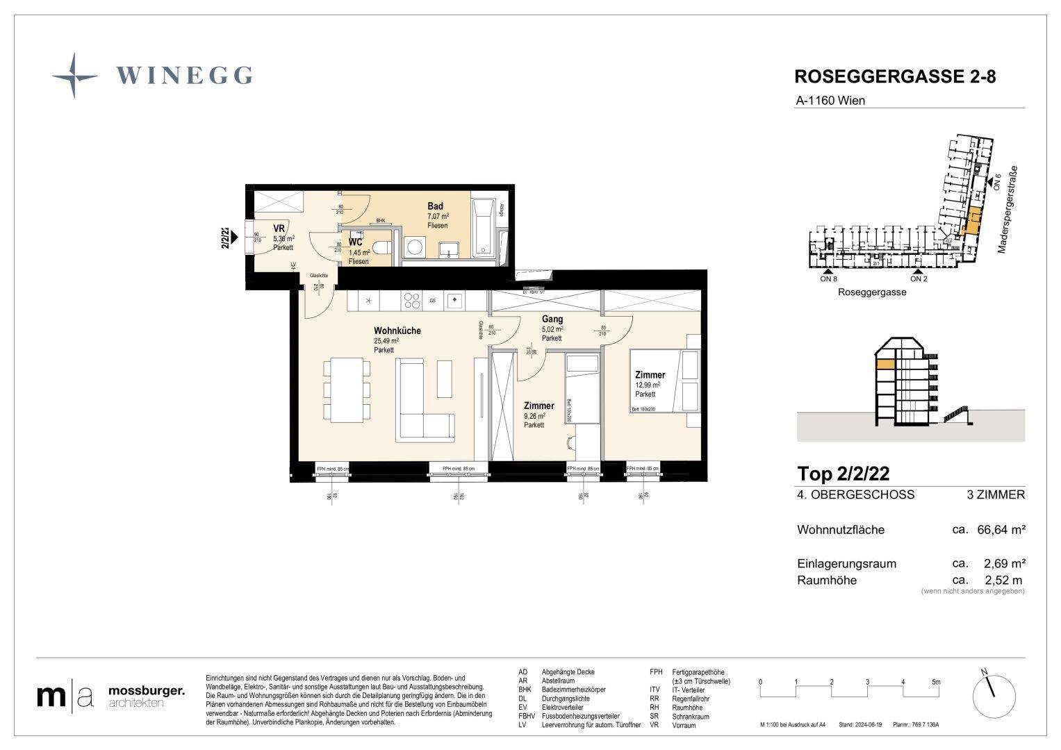 Grundriss einer Wohnung mit offener Wohnküche, zwei Zimmern, einem Bad und separatem WC.