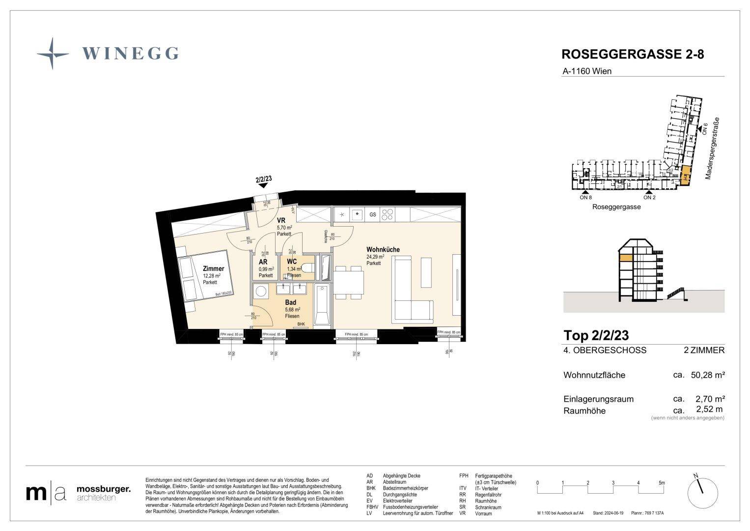 Grundriss einer 2-Zimmer-Wohnung im 4. Obergeschoss mit Wohnküche und Balkon.