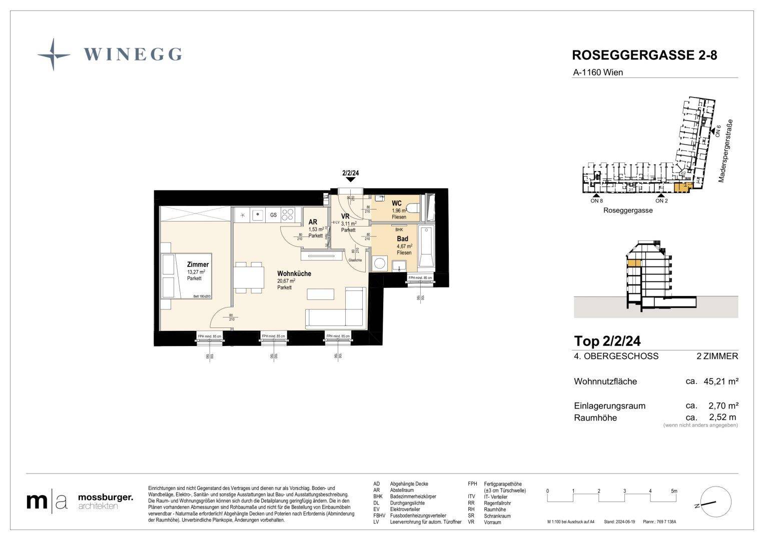 Grundriss einer modernen 2-Zimmer-Wohnung mit offener Wohnküche, separatem WC, Bad mit Badewanne und Abstellraum.