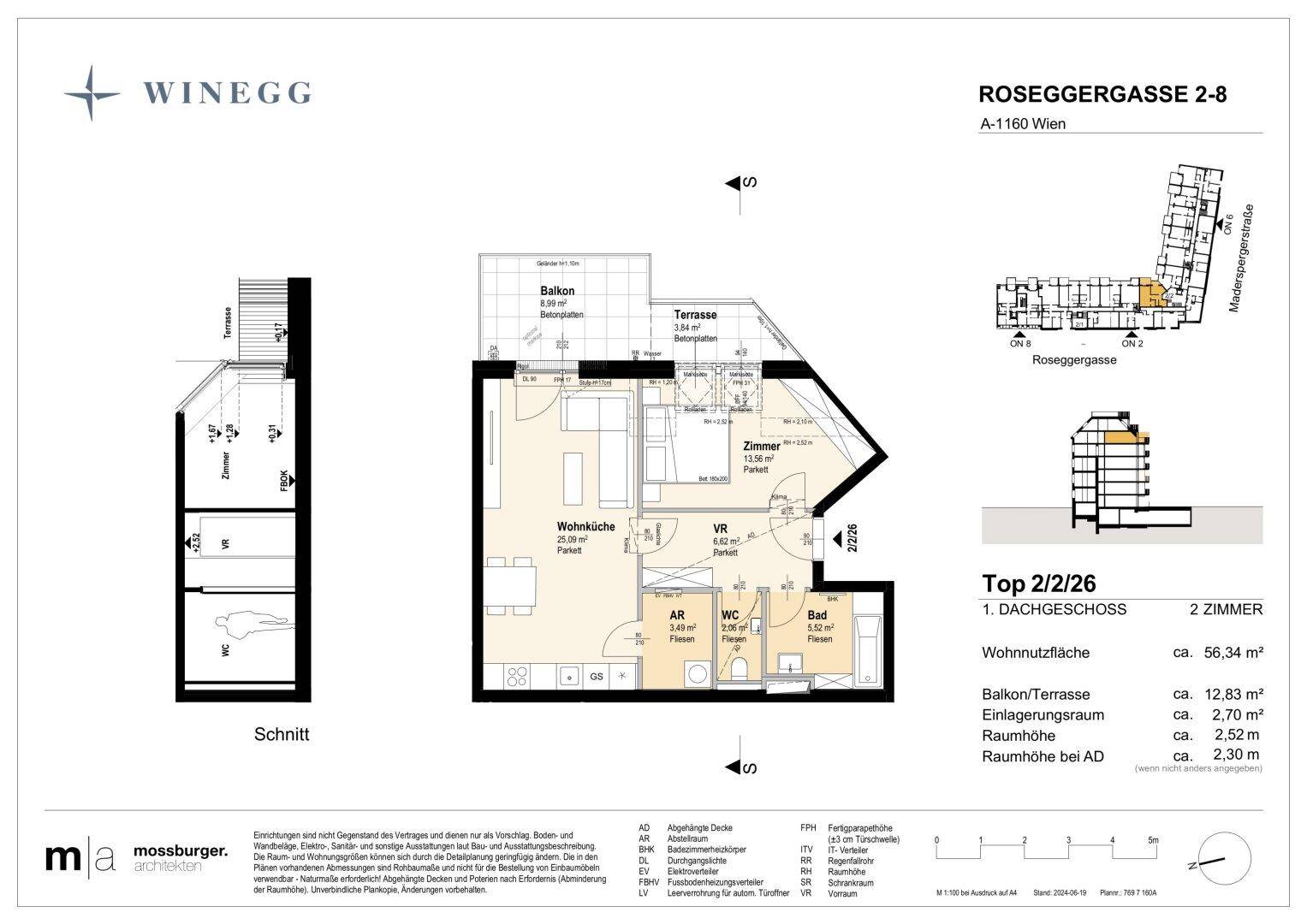 Grundriss einer Dachgeschosswohnung mit offener Wohnküche, separatem Schlafzimmer, Bad, WC, Abstellraum sowie Balkon und Terrasse.