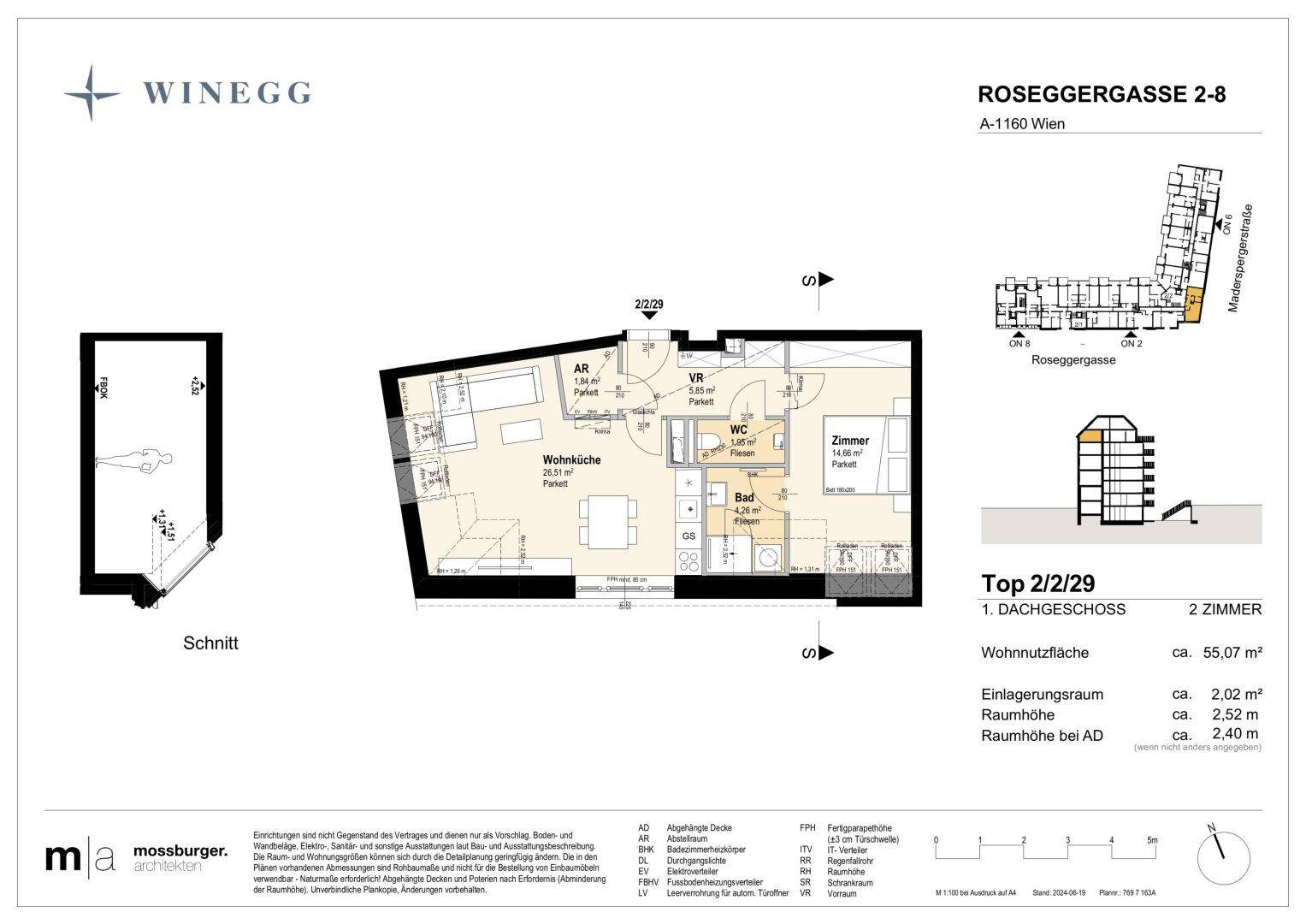 Grundriss einer Dachgeschosswohnung mit offener Wohnküche, einem Schlafzimmer und separatem WC.