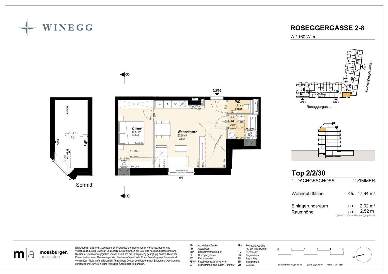 Grundriss einer 2-Zimmer-Wohnung im Dachgeschoss mit offenem Wohnbereich, separatem WC und schrägen Decken.