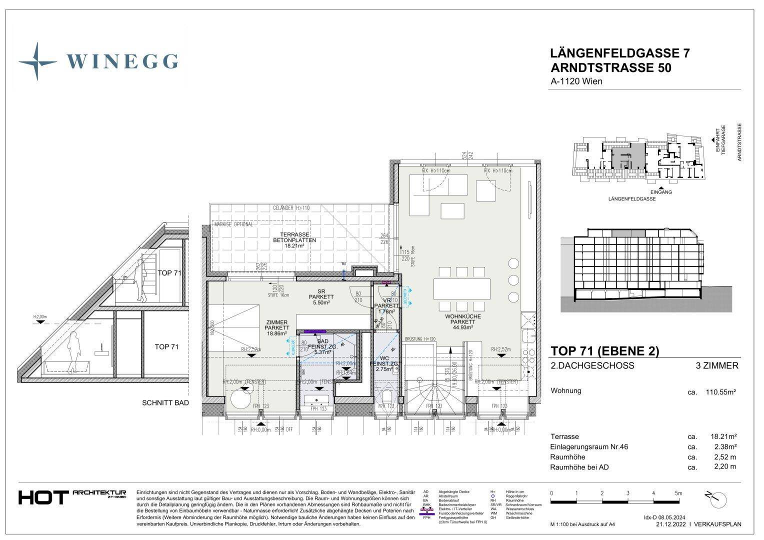 Grundriss der zweiten Ebene (Dachgeschoss) mit offenem Wohnbereich, Küche und großer Terrasse.