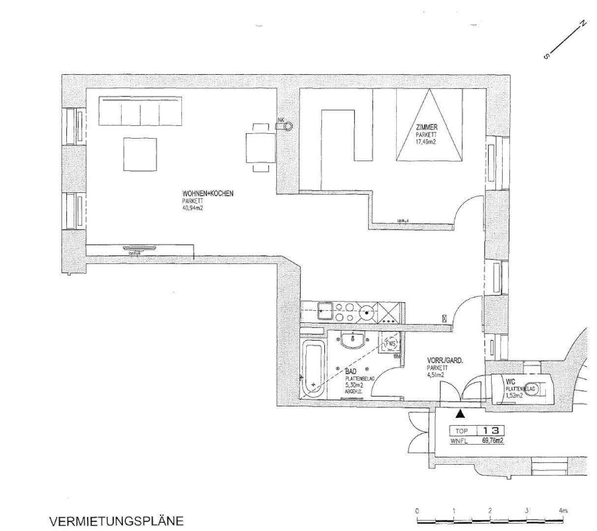 Grundriss einer Wohnung mit Wohnküche, Zimmer, Bad und WC auf 66,76 m².