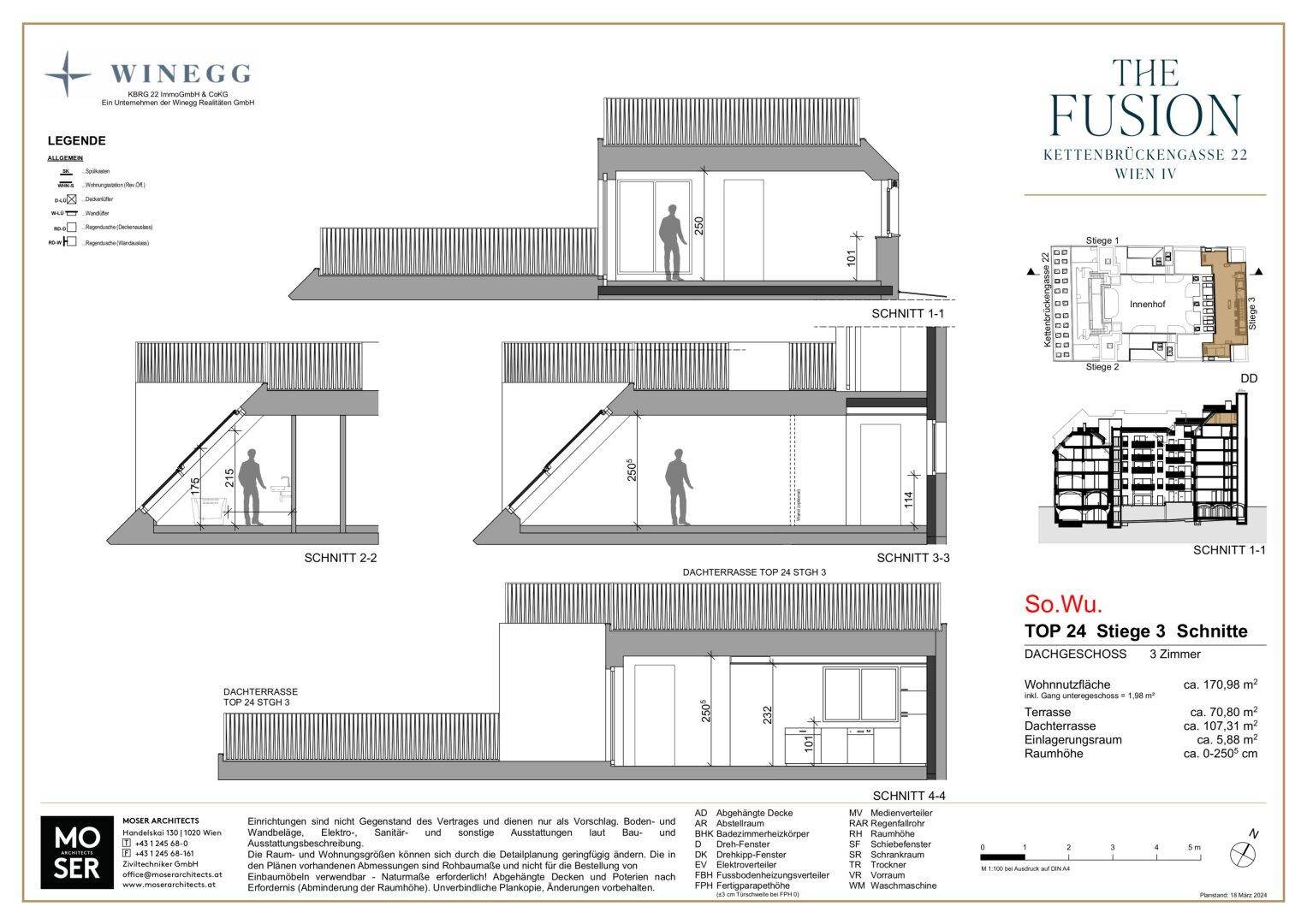 Schnittzeichnungen des Dachgeschosses, die die Höhen und die Dachterrassenbereiche zeigen.