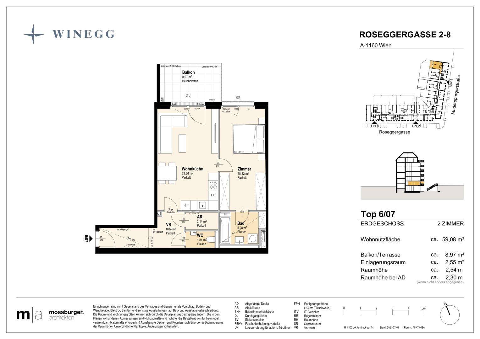 Grundriss einer 2-Zimmer-Wohnung im Erdgeschoss mit offener Wohnküche, Schlafzimmer, Bad und Balkon.