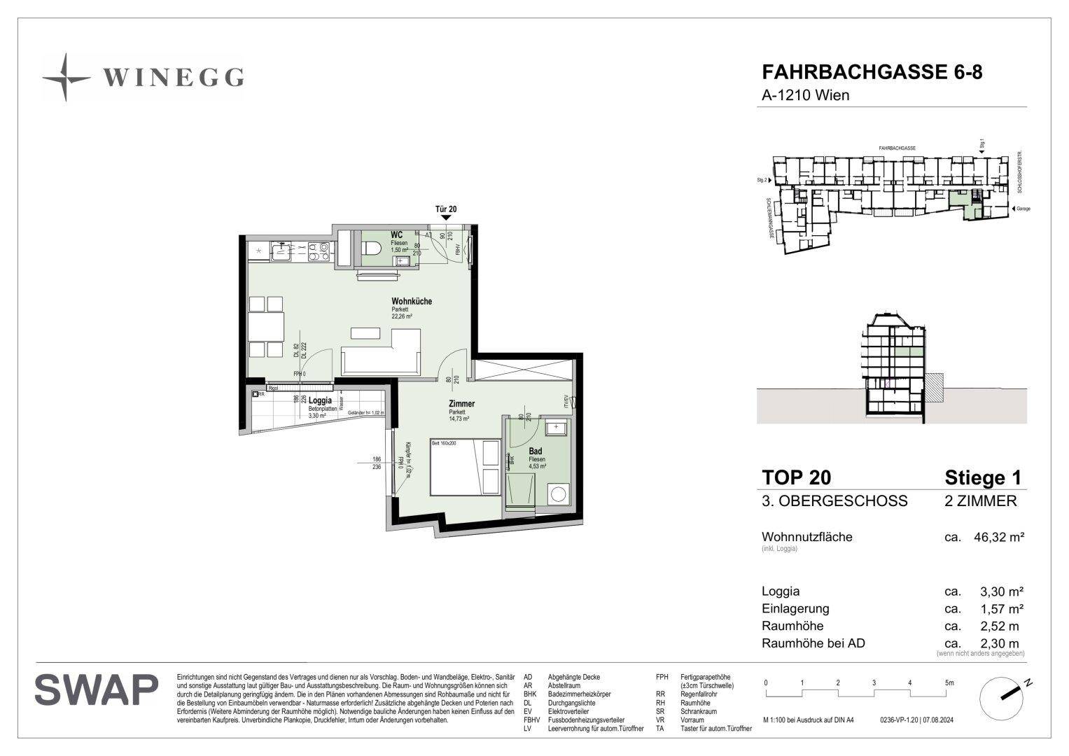 Grundriss der Wohnung Top 20 im 3. Obergeschoss mit Loggia und zwei Zimmern.