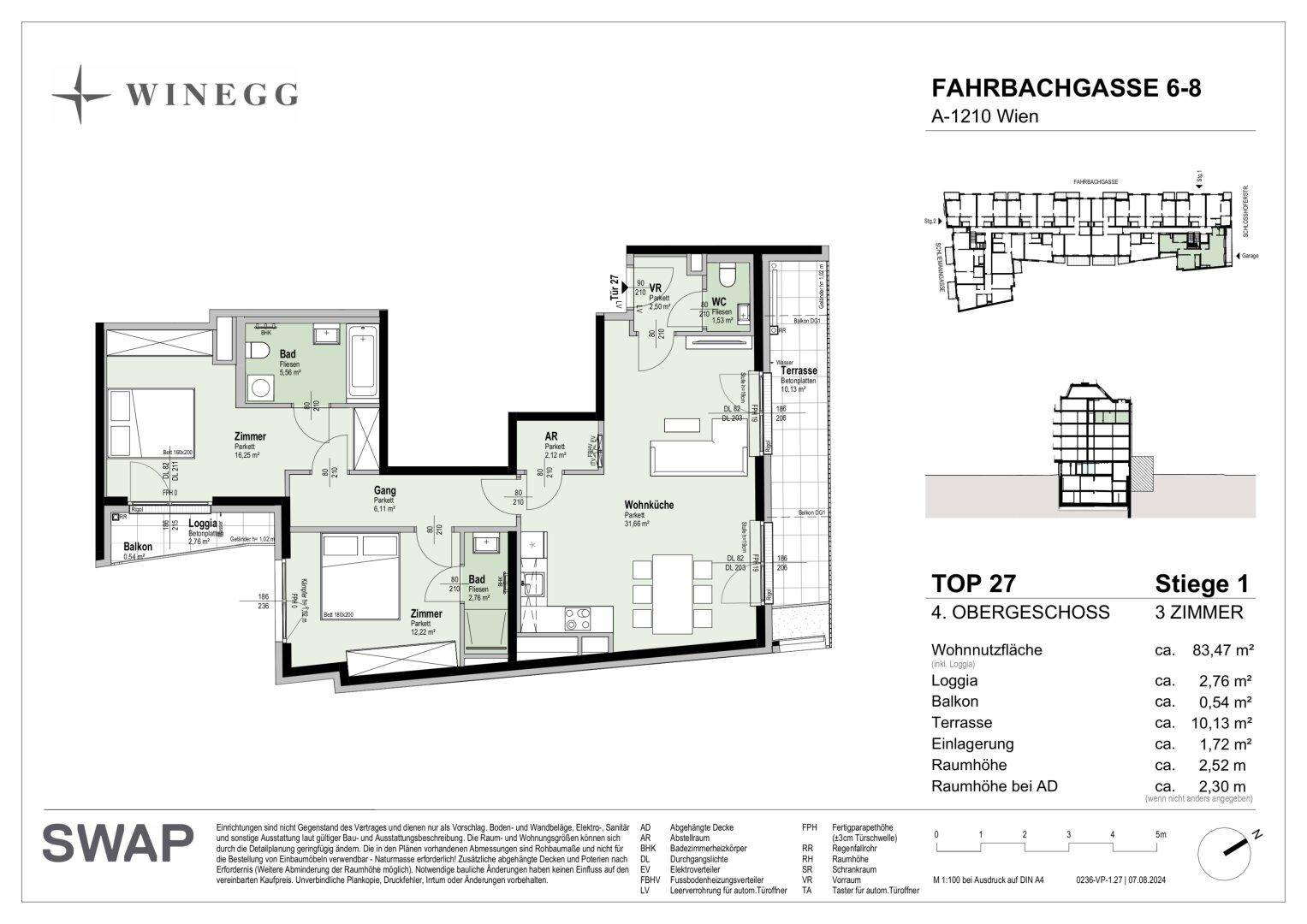 Grundriss einer Wohnung mit offener Wohnküche, zwei Schlafzimmern, Bad, WC, Loggia und Terrasse.