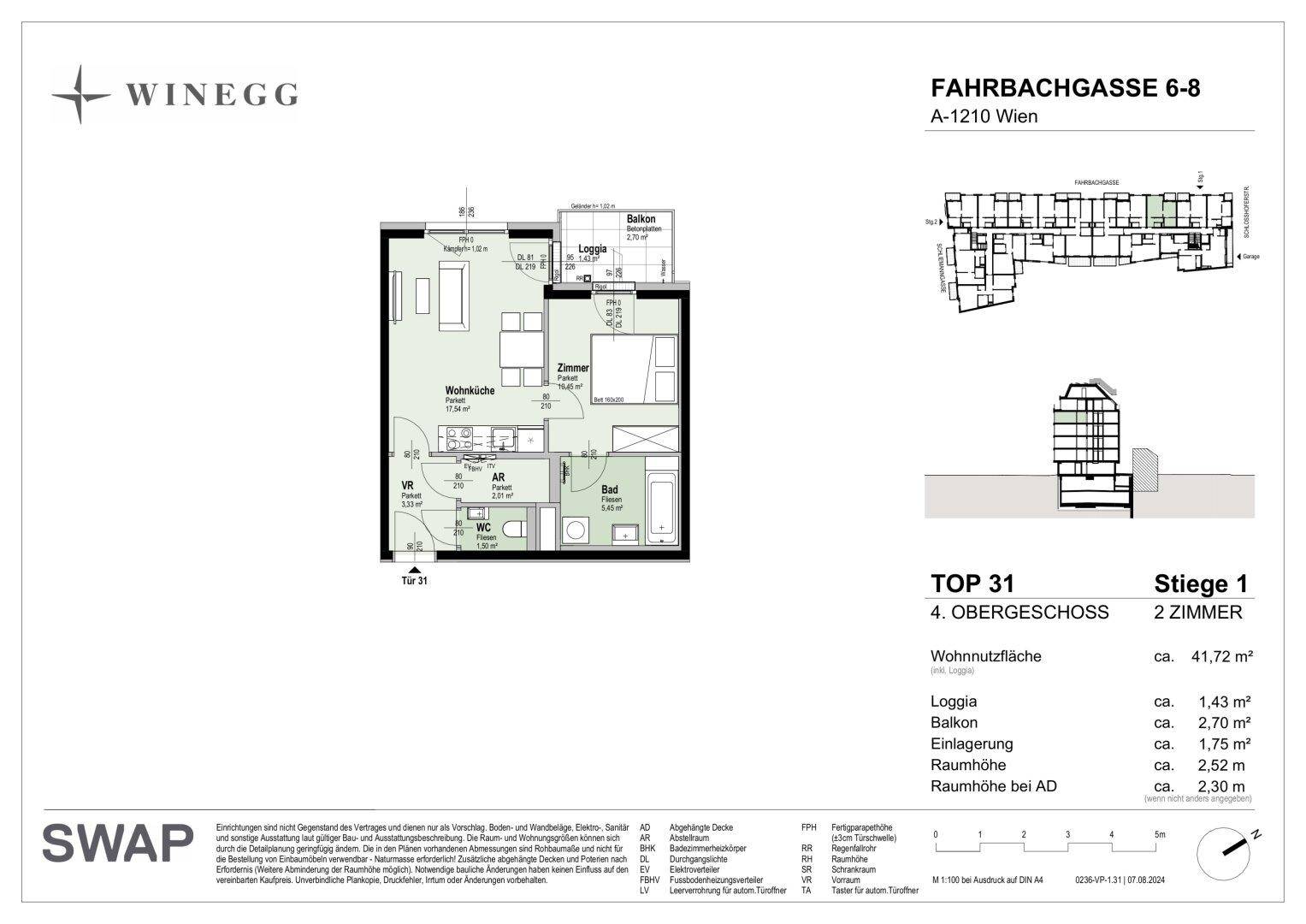 Grundriss der Wohnung TOP 31 im 4. Obergeschoss mit zwei Zimmern und Balkon.