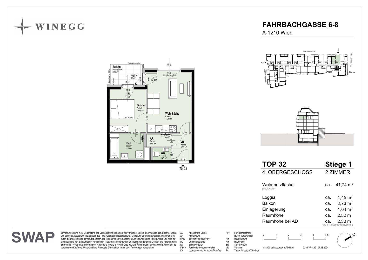 Grundriss einer Wohnung mit offener Wohnküche, Schlafzimmer, Bad, separatem WC, Loggia und Balkon.