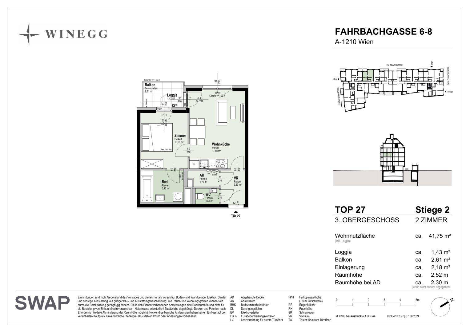 Grundriss einer 2-Zimmer-Wohnung mit offener Wohnküche, separatem WC, Balkon und Loggia.