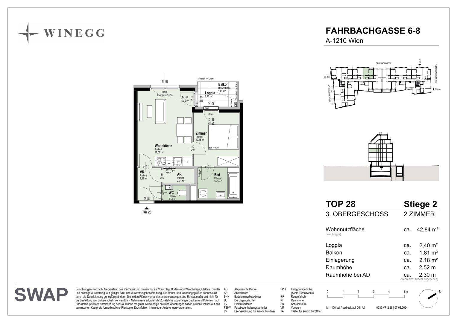 Grundriss einer 2-Zimmer-Wohnung mit offener Wohnküche, separatem WC, Bad mit Wanne und Dusche sowie Loggia und Balkon.