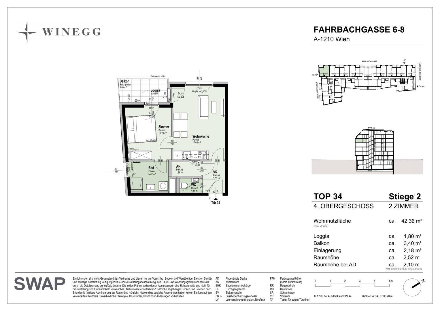 Grundriss der Wohnung Top 34 im 4. Obergeschoss mit Loggia und Balkon.