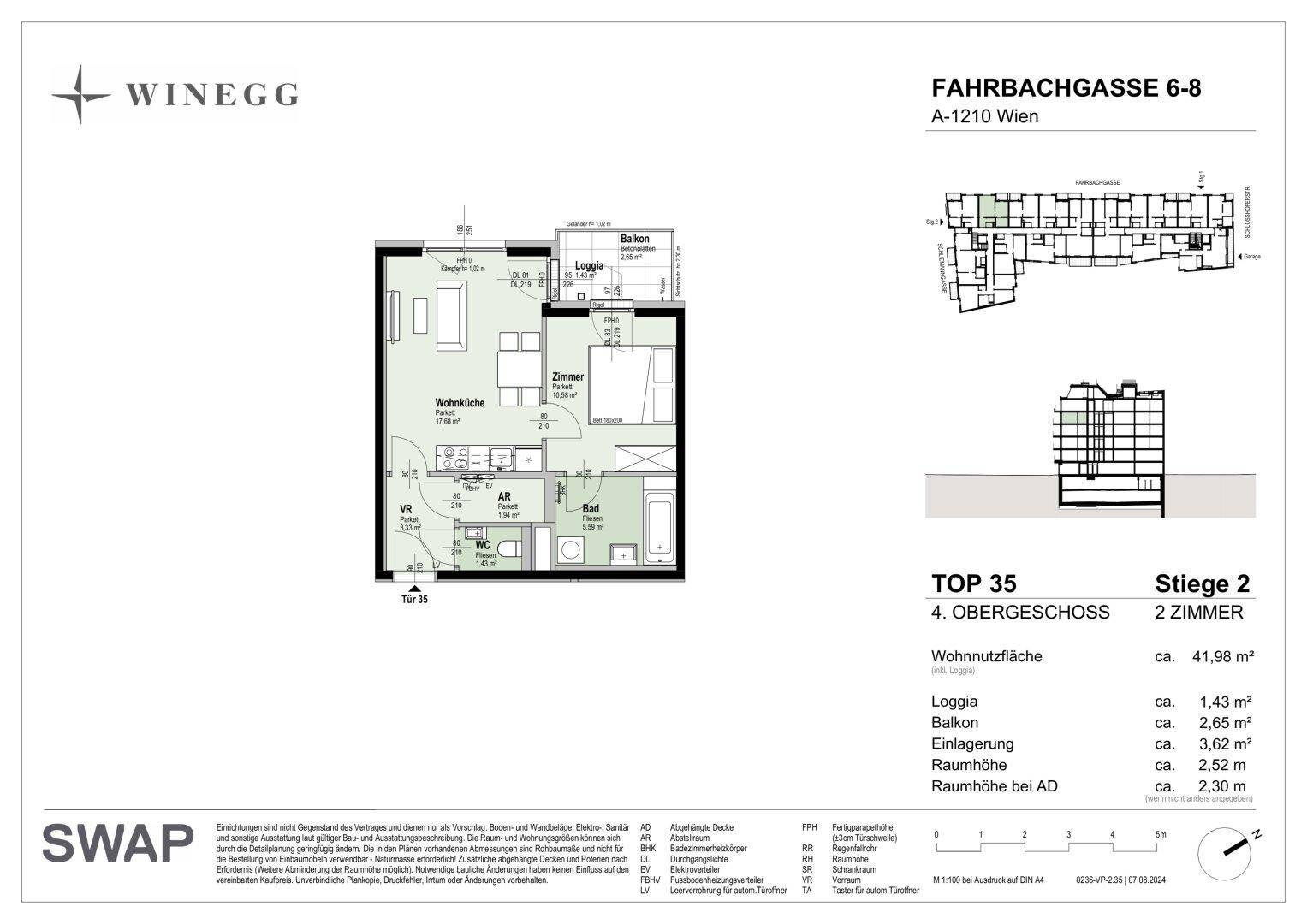 Grundriss einer Zweizimmerwohnung mit offenem Wohnbereich, Loggia und Balkon.