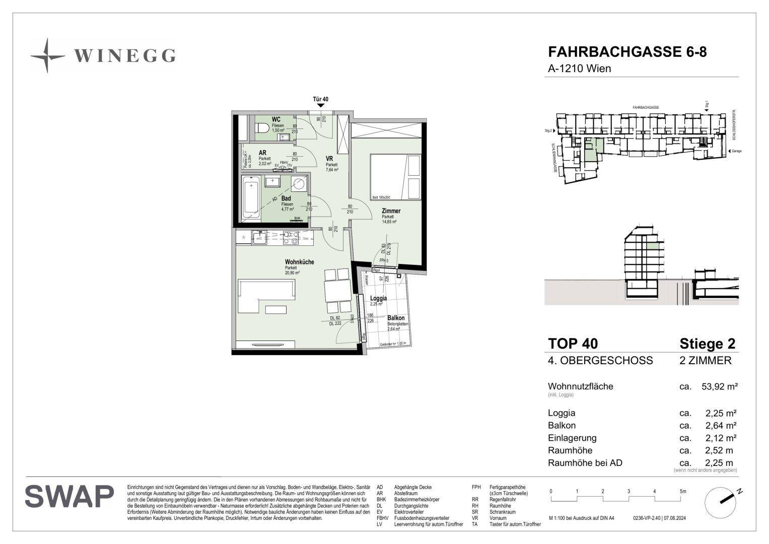 Grundriss der Wohnung TOP 40 im 4. Obergeschoss mit Loggia und Balkon.