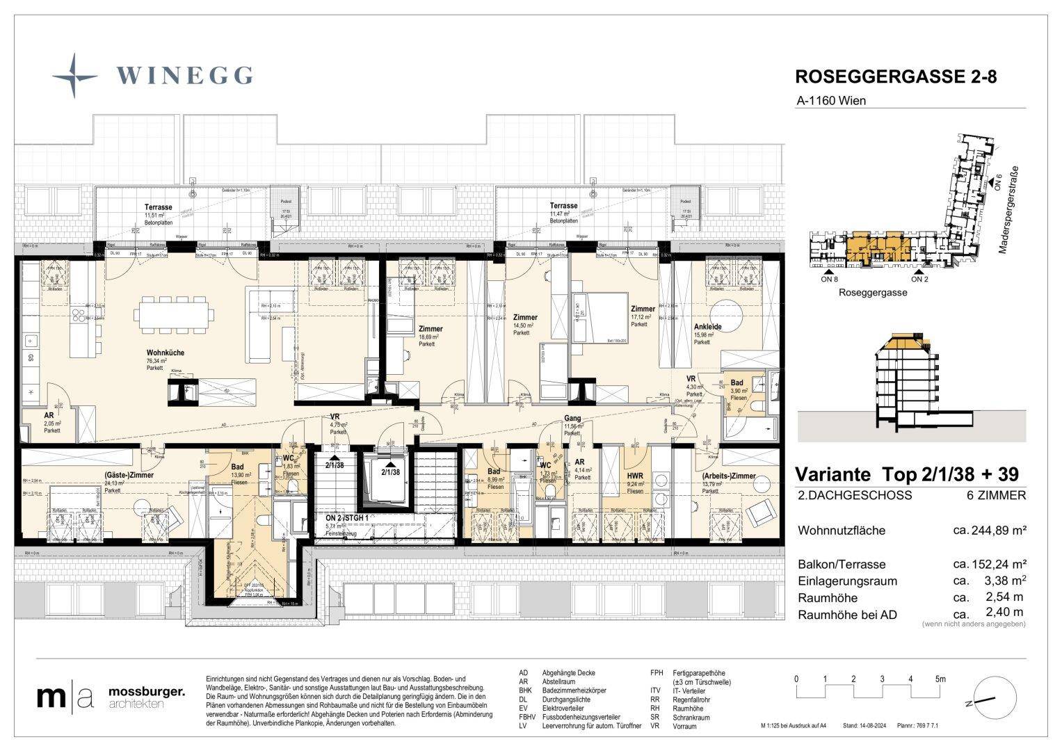 Detaillierter Grundriss einer Dachgeschosswohnung mit sechs Zimmern, Balkon und Terrasse.