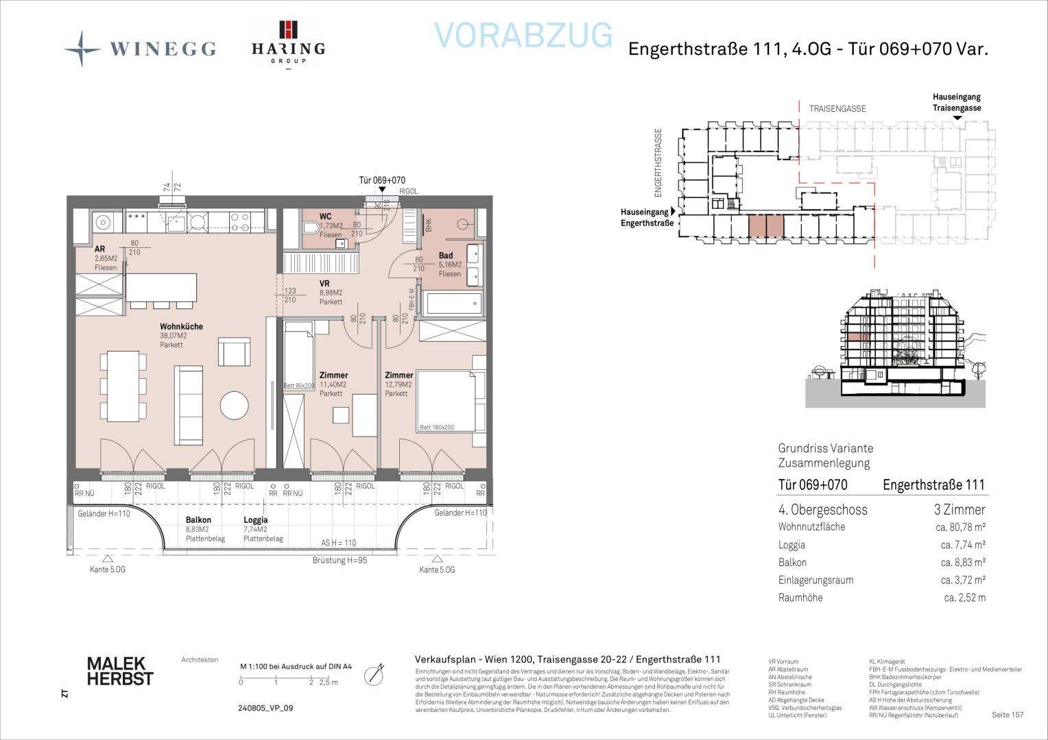 Grundrissplan einer Wohnung mit offenem Wohn-Essbereich, zwei Schlafzimmern, Bad, separatem WC, Balkon und Loggia.