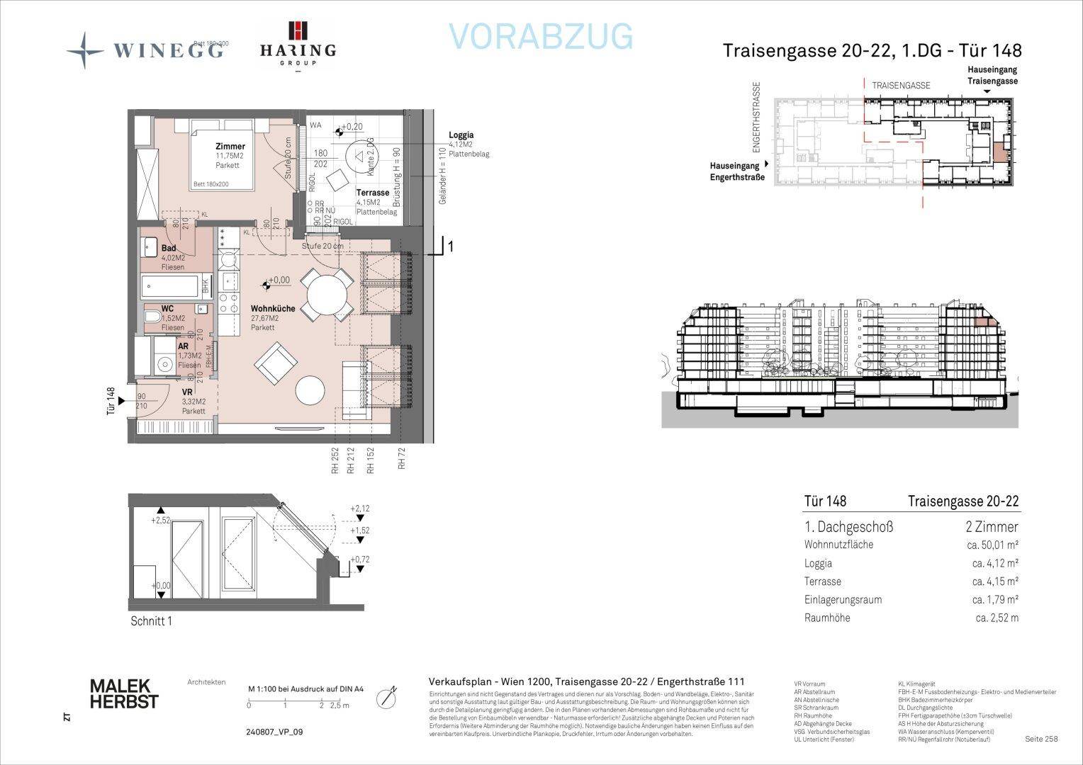 Grundrissplan einer Wohnung mit Wohnküche, Schlafzimmer, Bad, separatem WC, Terrasse und Loggia.