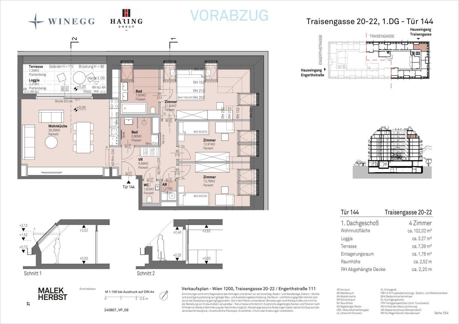 Grundriss einer modernen 4-Zimmer-Dachgeschosswohnung mit offener Wohnküche, zwei Bädern, Loggia und großer Terrasse.