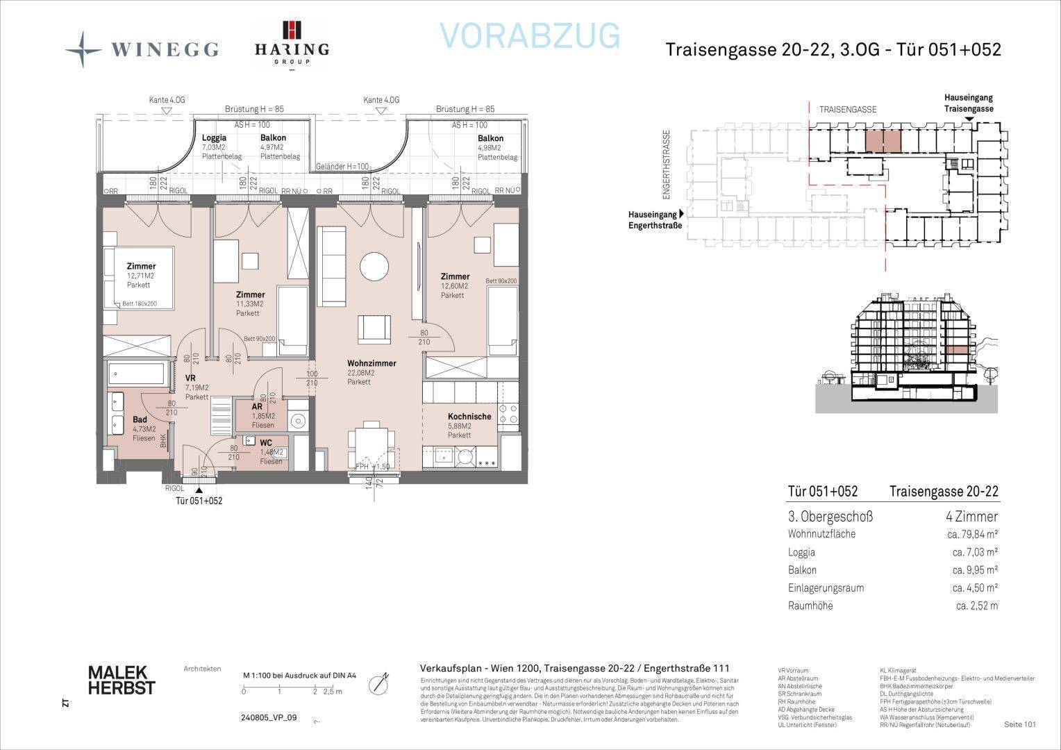 Detaillierter Grundriss einer 4-Zimmer-Wohnung mit Loggia und Balkon im dritten Obergeschoss.