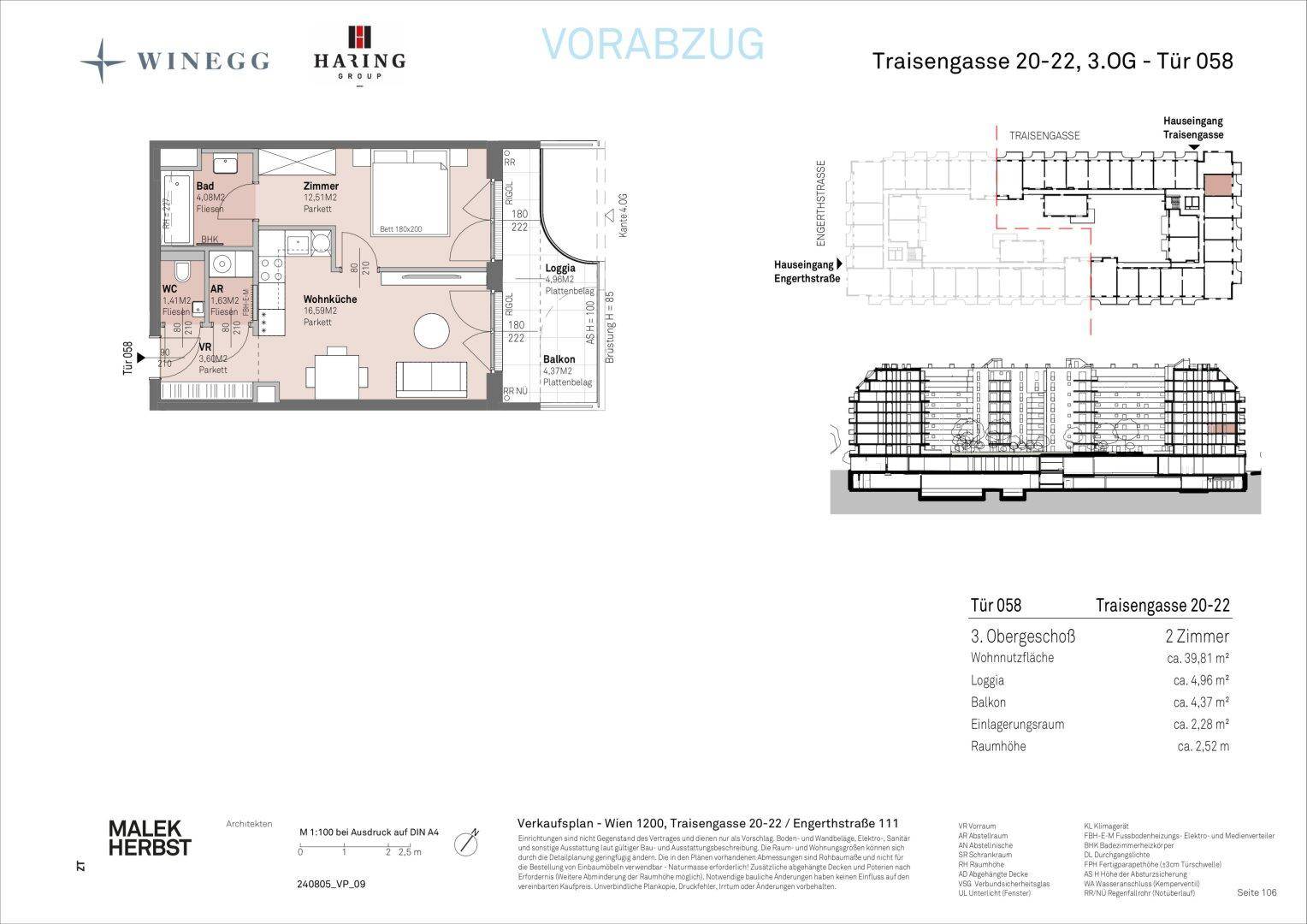 Grundriss einer Wohnung mit offener Wohnküche, Schlafzimmer, Bad, separatem WC, Loggia und Balkon.