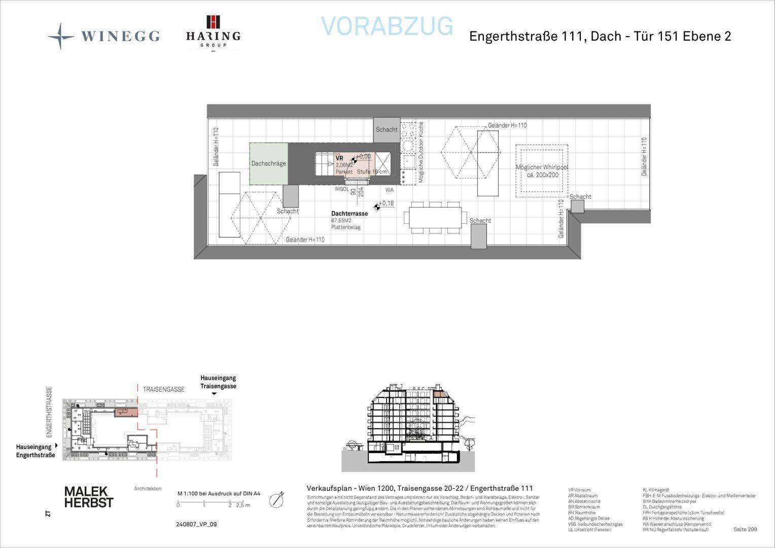 Grundriss der Dachebene mit großer Dachterrasse und Platz für einen Whirlpool.