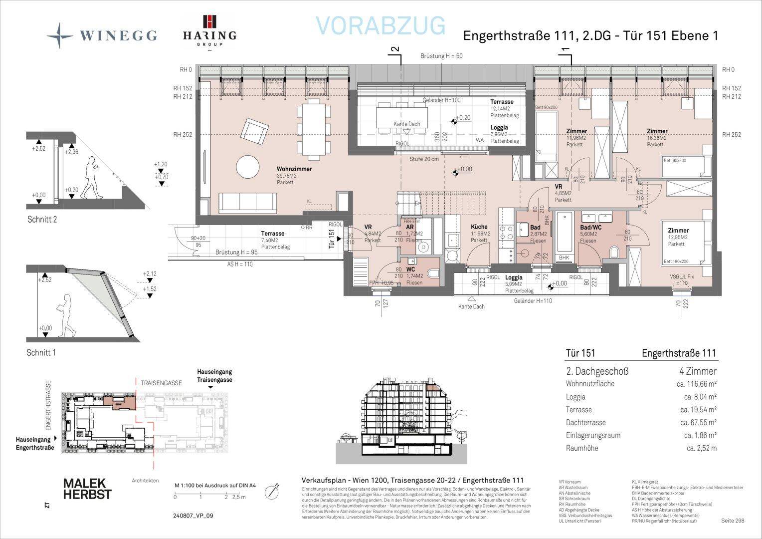 Detaillierter Grundriss einer Wohnung mit Wohnzimmer, Schlafzimmern, Terrassen und Loggien.