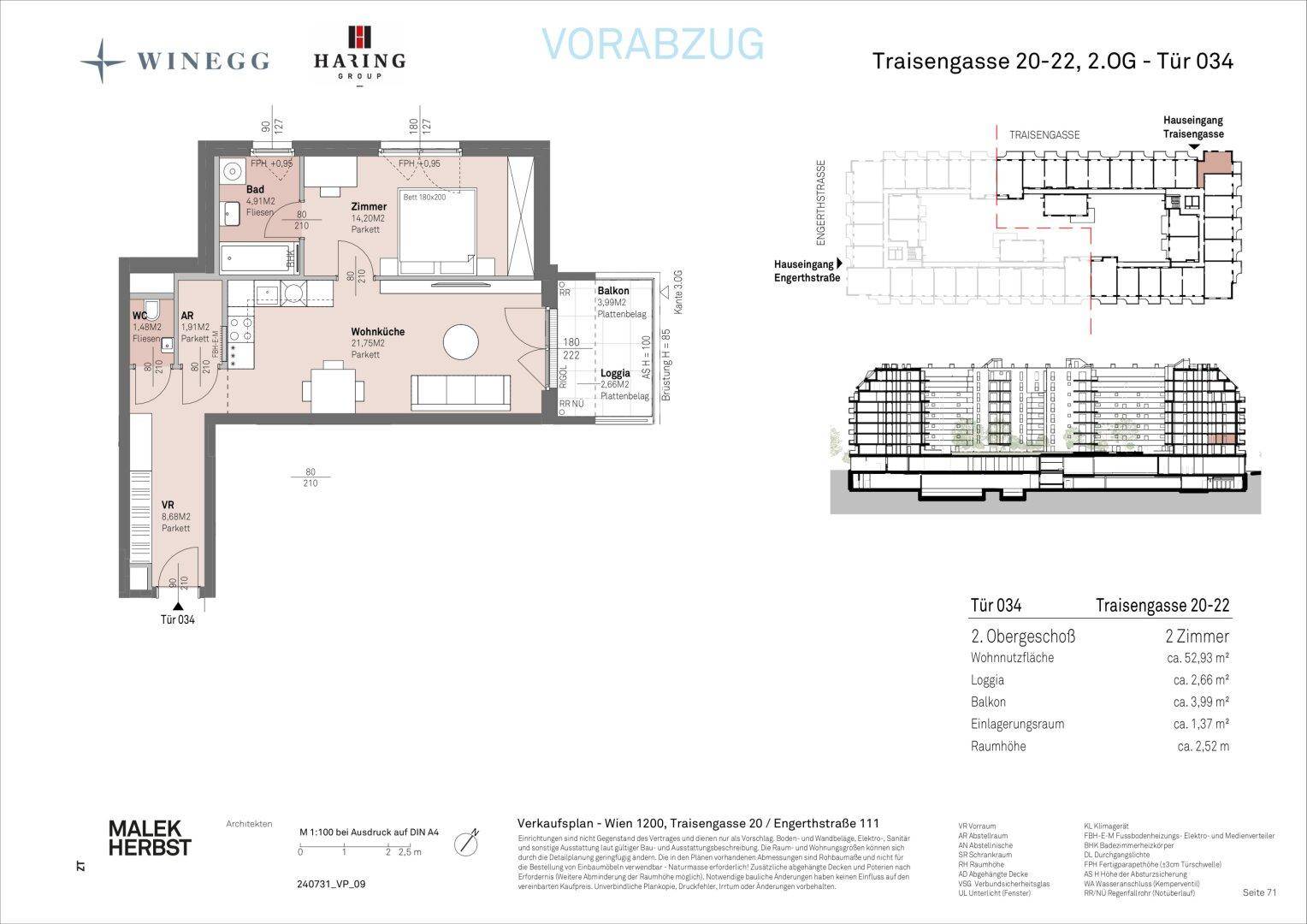 Grundriss einer modernen Wohnung mit offener Wohnküche, Schlafzimmer, Bad und Loggia.