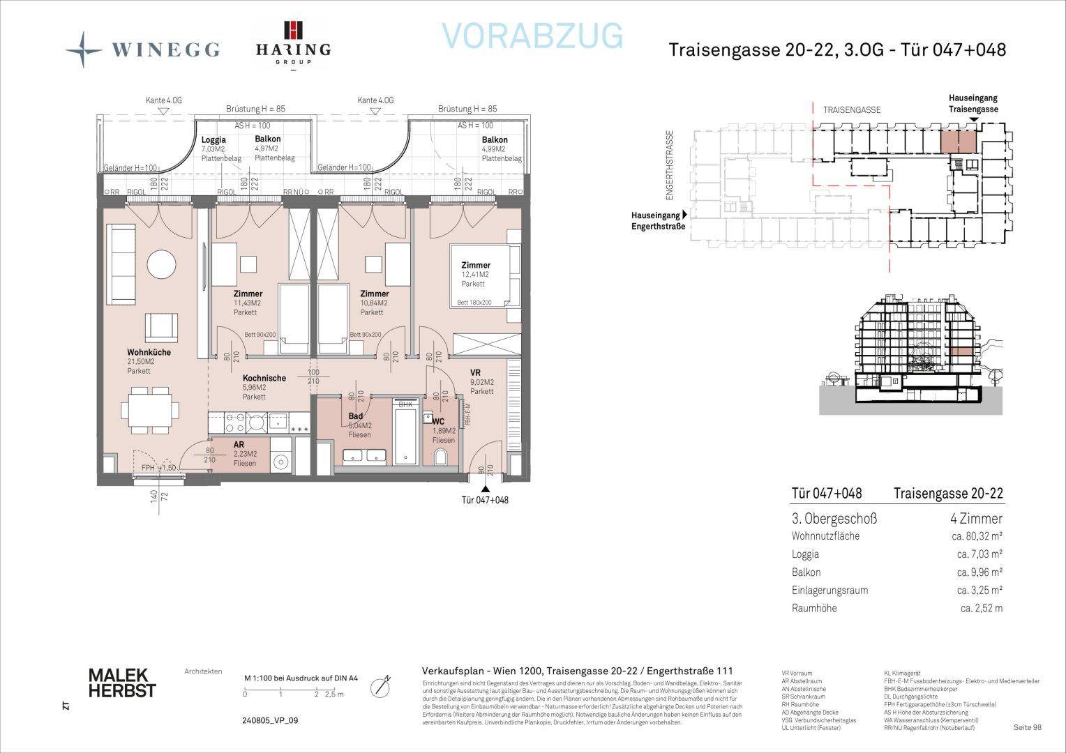 Grundriss einer modernen Wohnung mit offener Wohnküche, zwei Bädern, Loggia und Balkon.