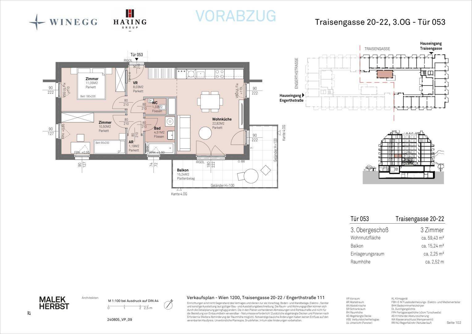 Detaillierter Grundriss einer 3-Zimmer-Wohnung im 3. Obergeschoss mit offenem Wohnbereich, Balkon und separatem Abstellraum.