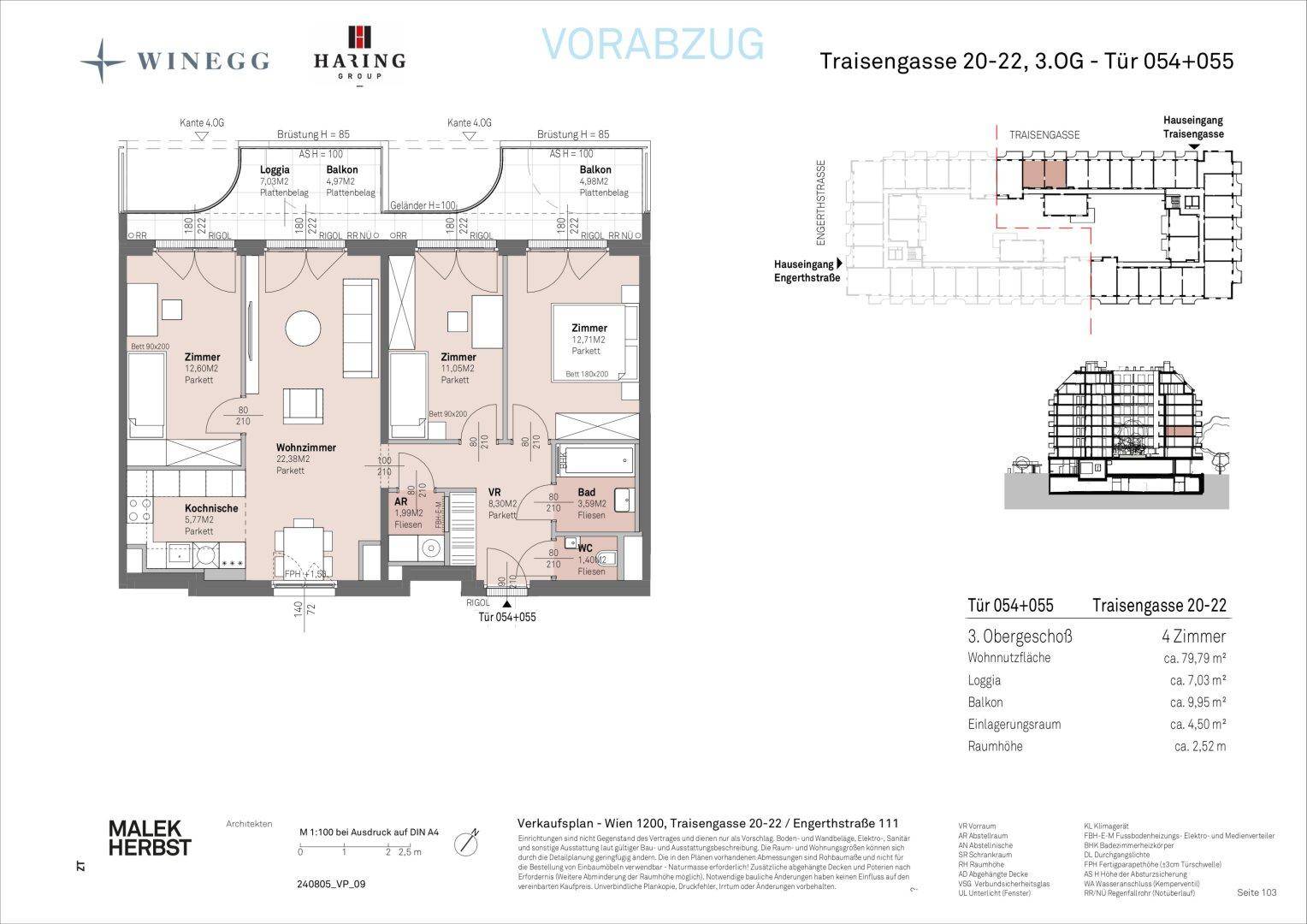 Grundriss einer 4-Zimmer-Wohnung im 3. Obergeschoss mit offener Kochnische, zwei Balkonen und einer Loggia.