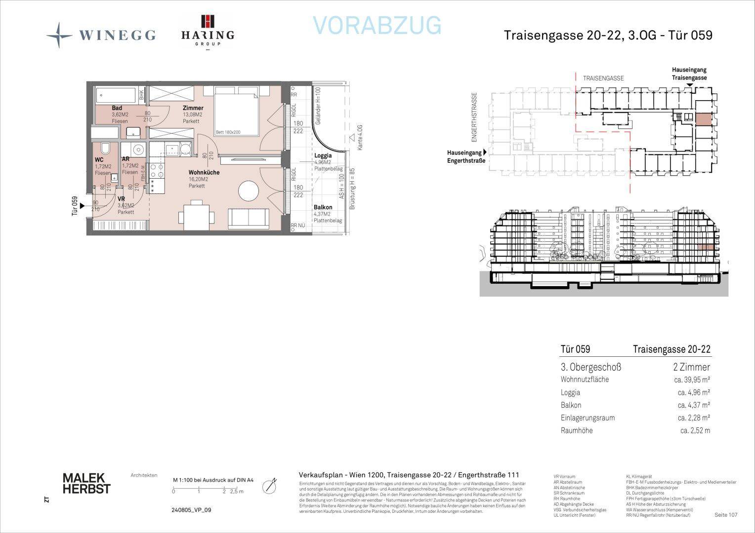 Grundriss einer 2-Zimmer-Wohnung mit offener Wohnküche, Loggia und Balkon im 3. Obergeschoss.