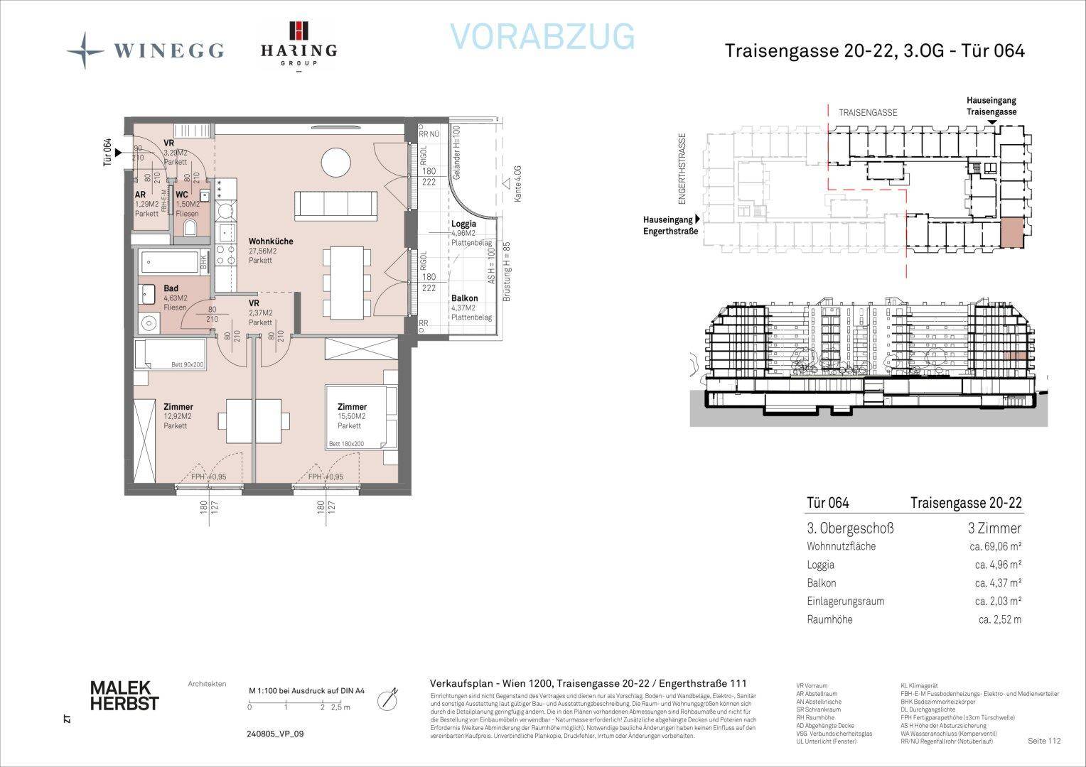 Grundriss einer 3-Zimmer-Wohnung mit offener Wohnküche, Loggia und Balkon.