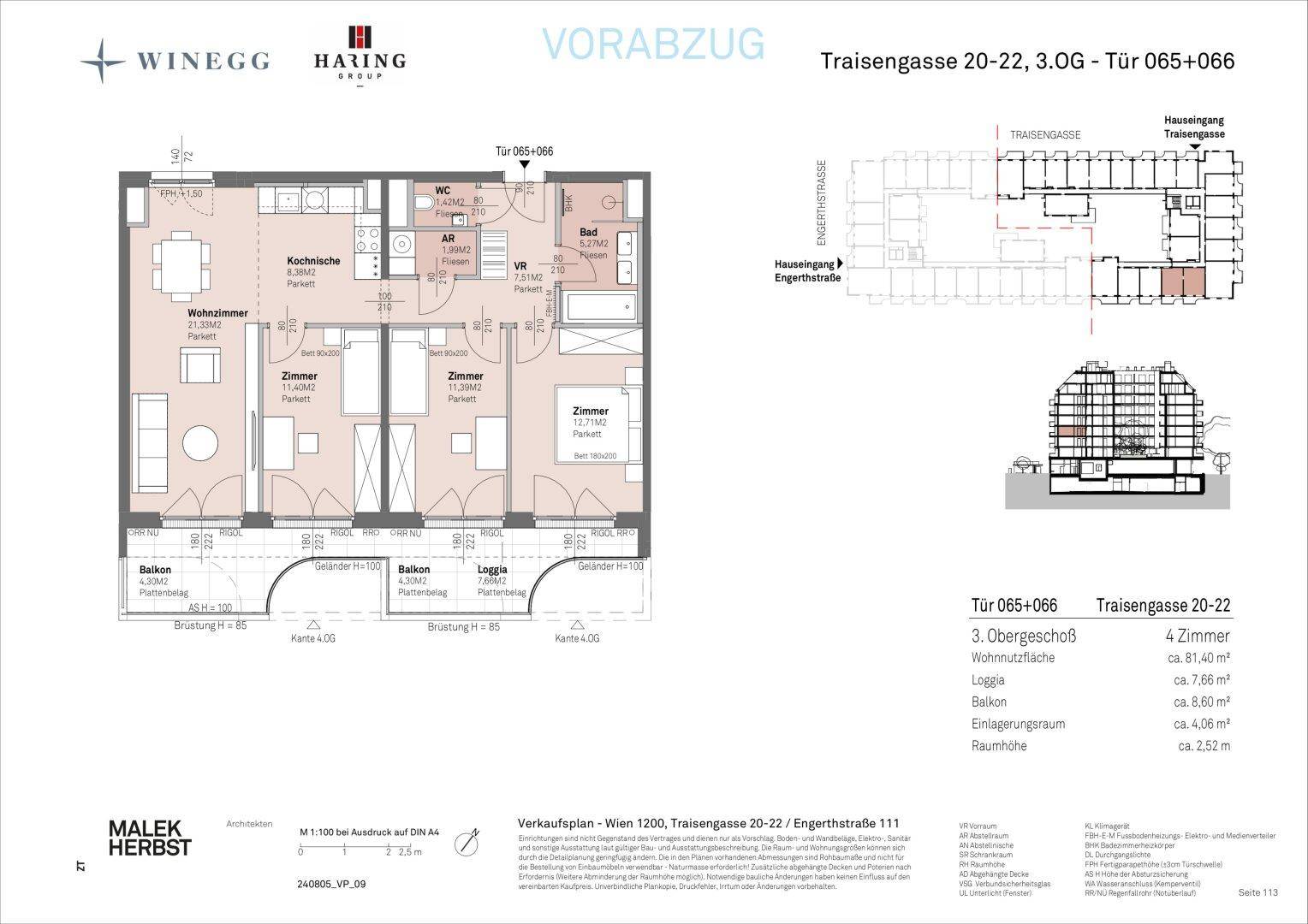 Grundrissplan einer Wohnung mit drei Zimmern, offener Kochnische, zwei Bädern, Balkonen und einer Loggia.