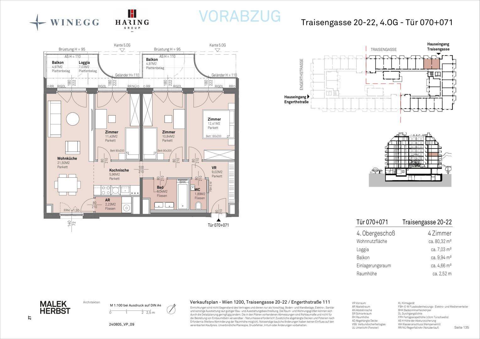 Grundriss einer 4-Zimmer-Wohnung im 4. Obergeschoss mit offener Wohnküche, Balkon und Loggia.