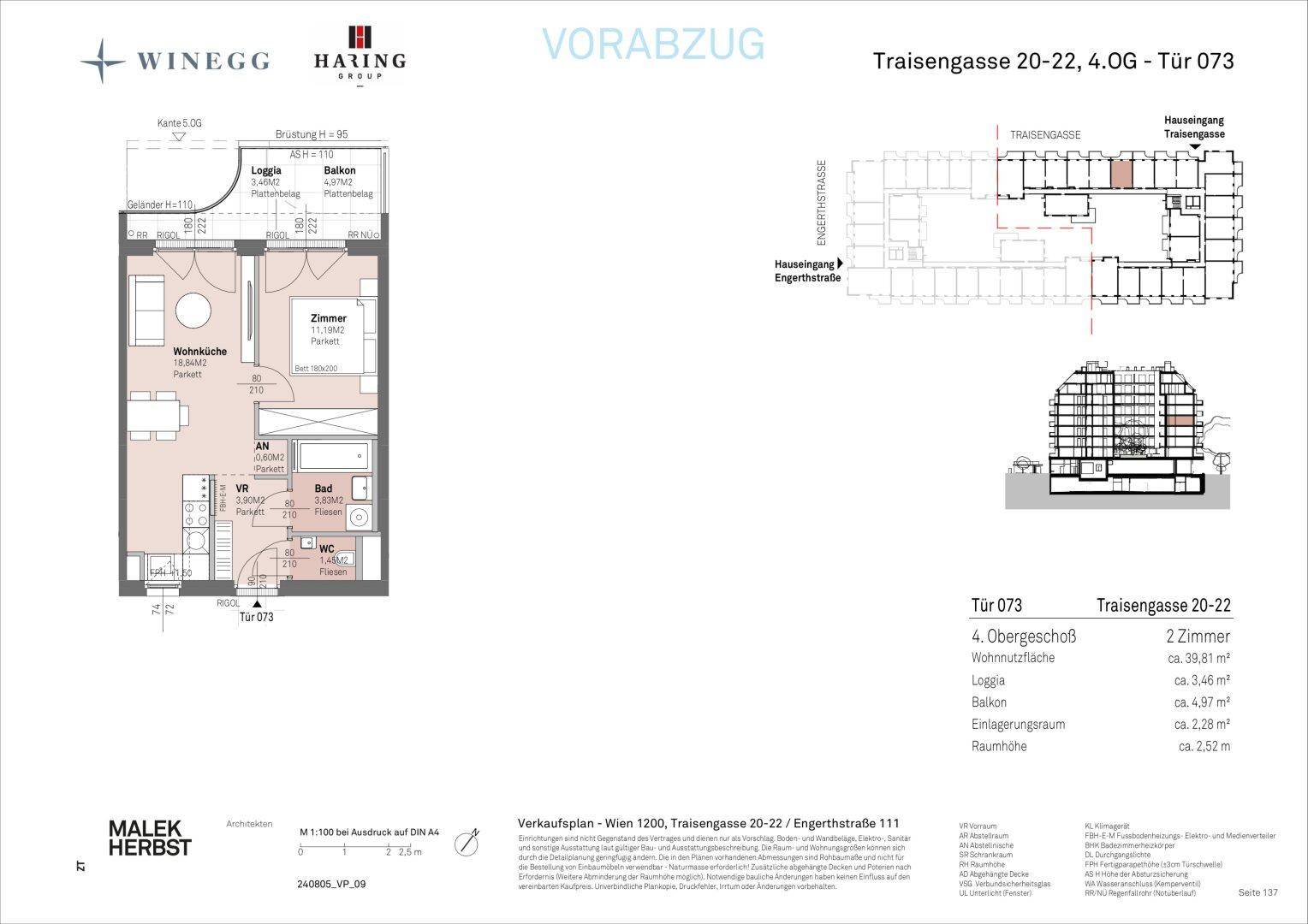 Grundrissplan einer Wohnung mit offener Wohnküche, einem Schlafzimmer, Bad, separatem WC, Loggia und Balkon.