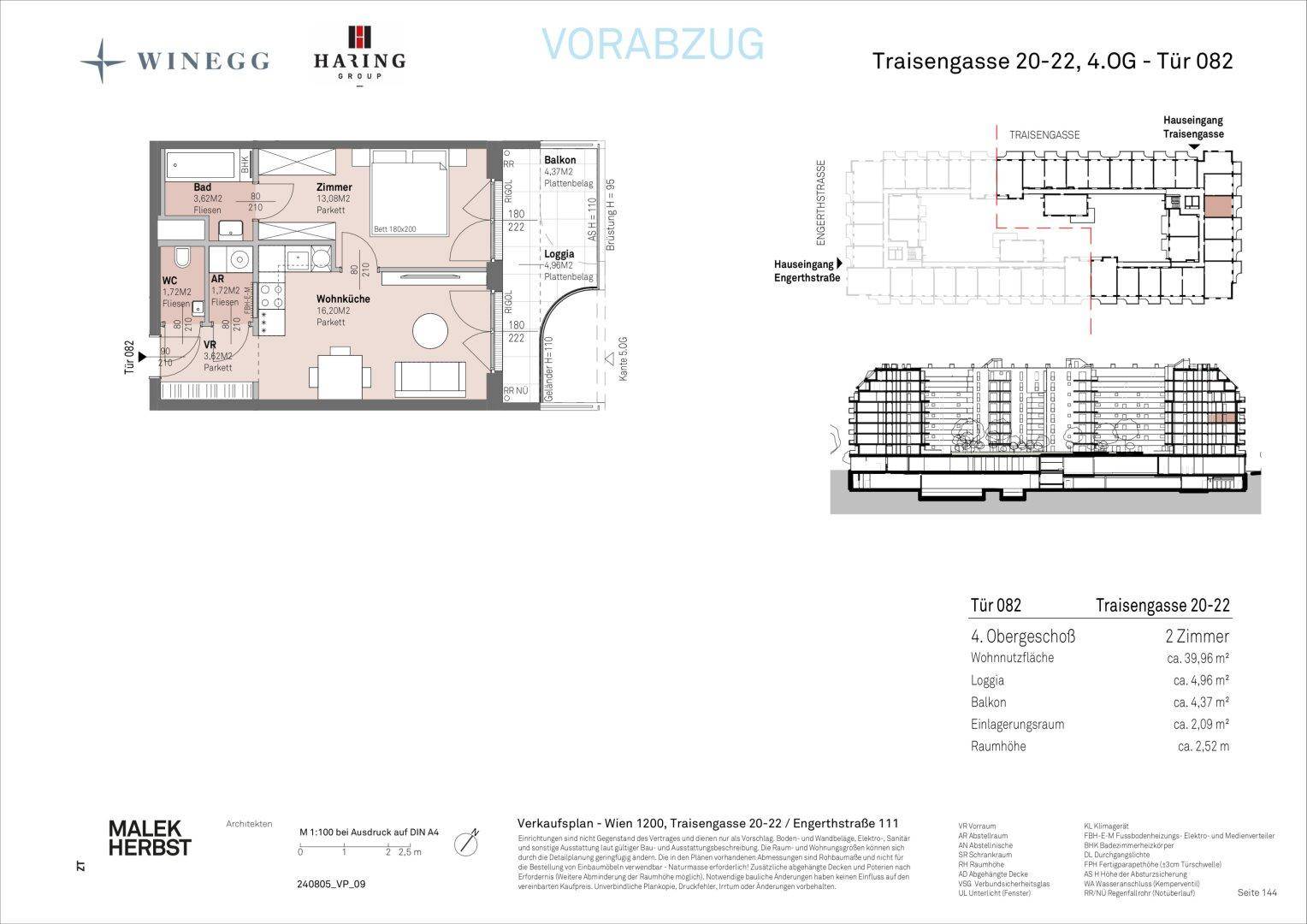 Grundriss einer Wohnung mit Wohnküche, Schlafzimmer, Bad, separatem WC, Balkon und Loggia.