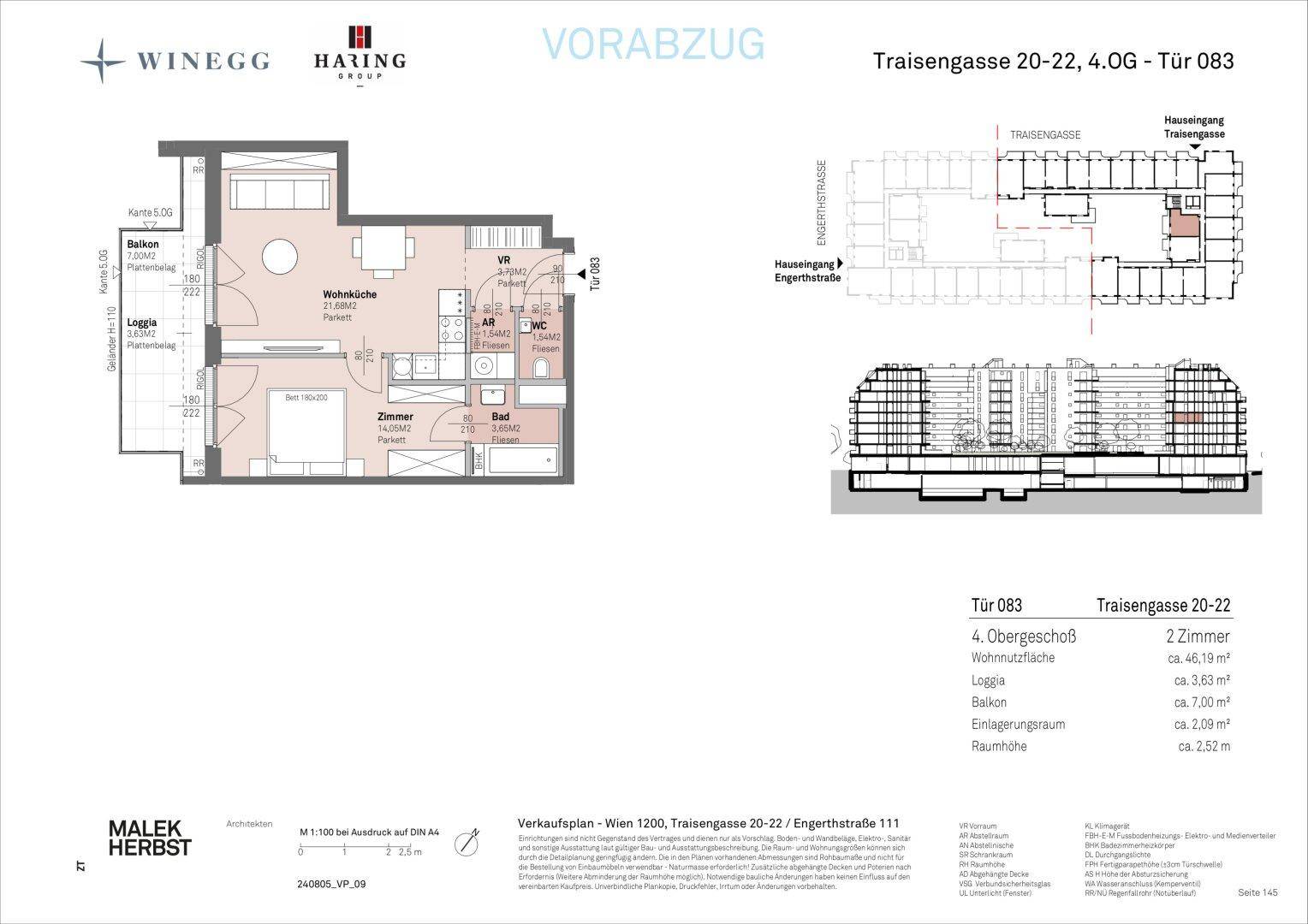 Grundriss einer Wohnung mit Wohnküche, Schlafzimmer, Bad, separatem WC, Abstellraum, Balkon und Loggia.