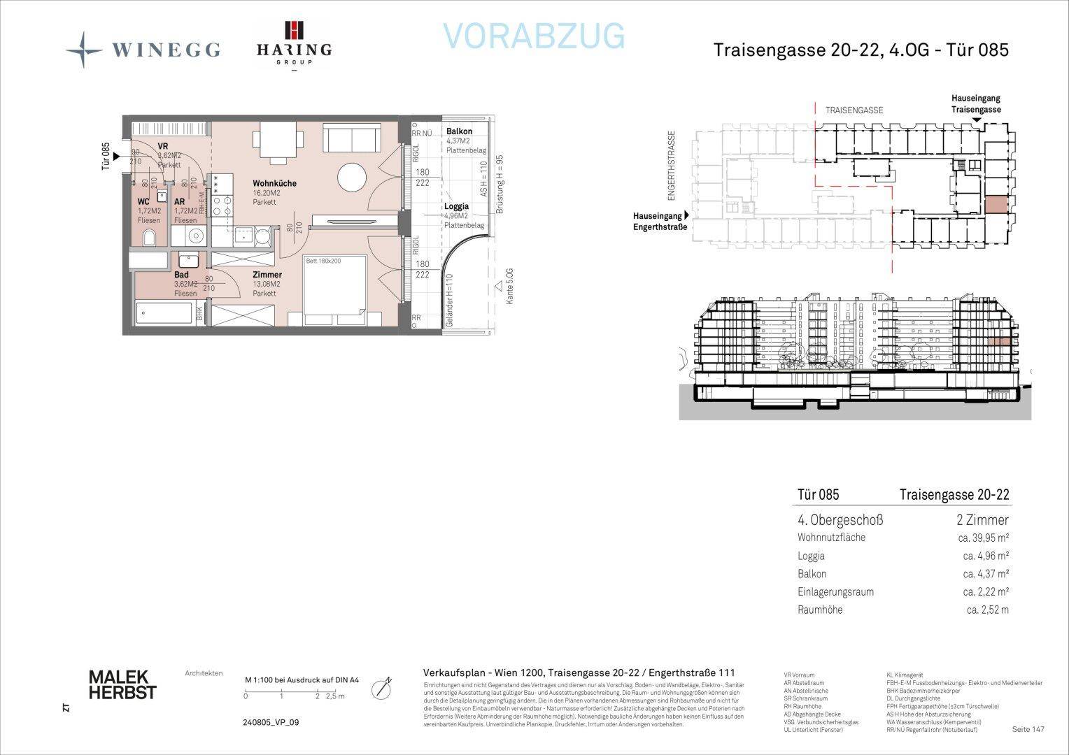 Grundriss einer modernen Wohnung mit offener Wohnküche, Schlafzimmer, Bad, separatem WC, Loggia und Balkon.