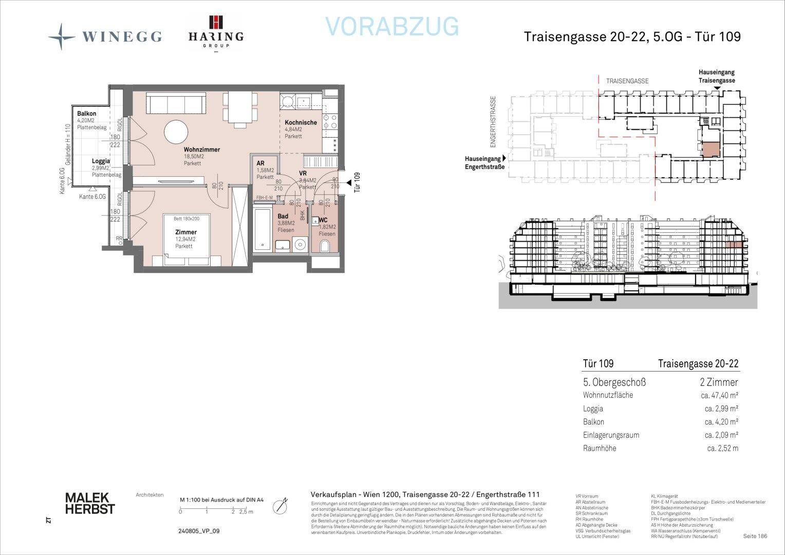 Grundriss einer modernen Wohnung im 5. Obergeschoss mit Wohnzimmer, Schlafzimmer, Kochnische, Bad, WC, Balkon und Loggia.