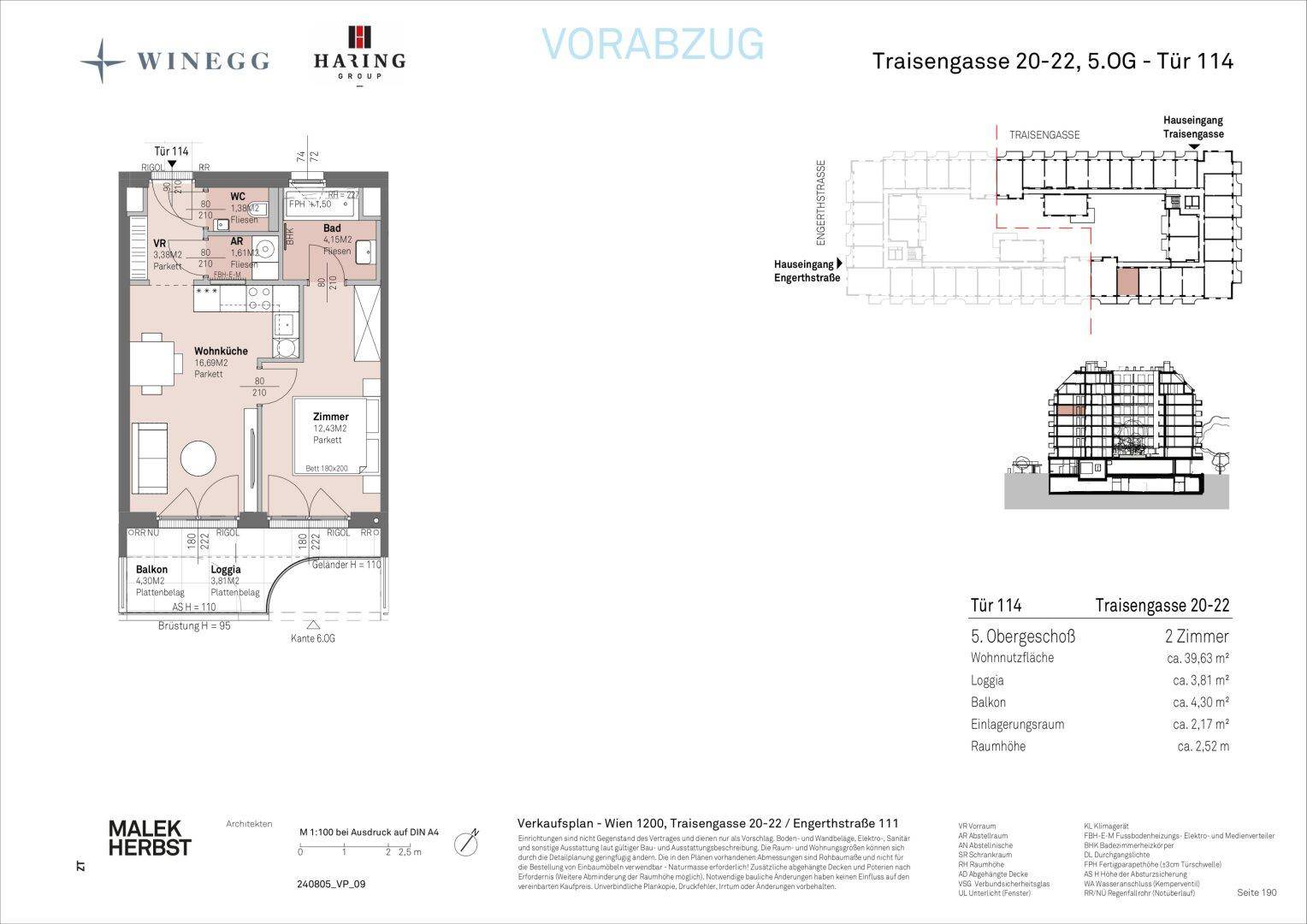 Grundriss einer Wohnung mit offener Wohnküche, Schlafzimmer, Bad, separatem WC, Balkon und Loggia.