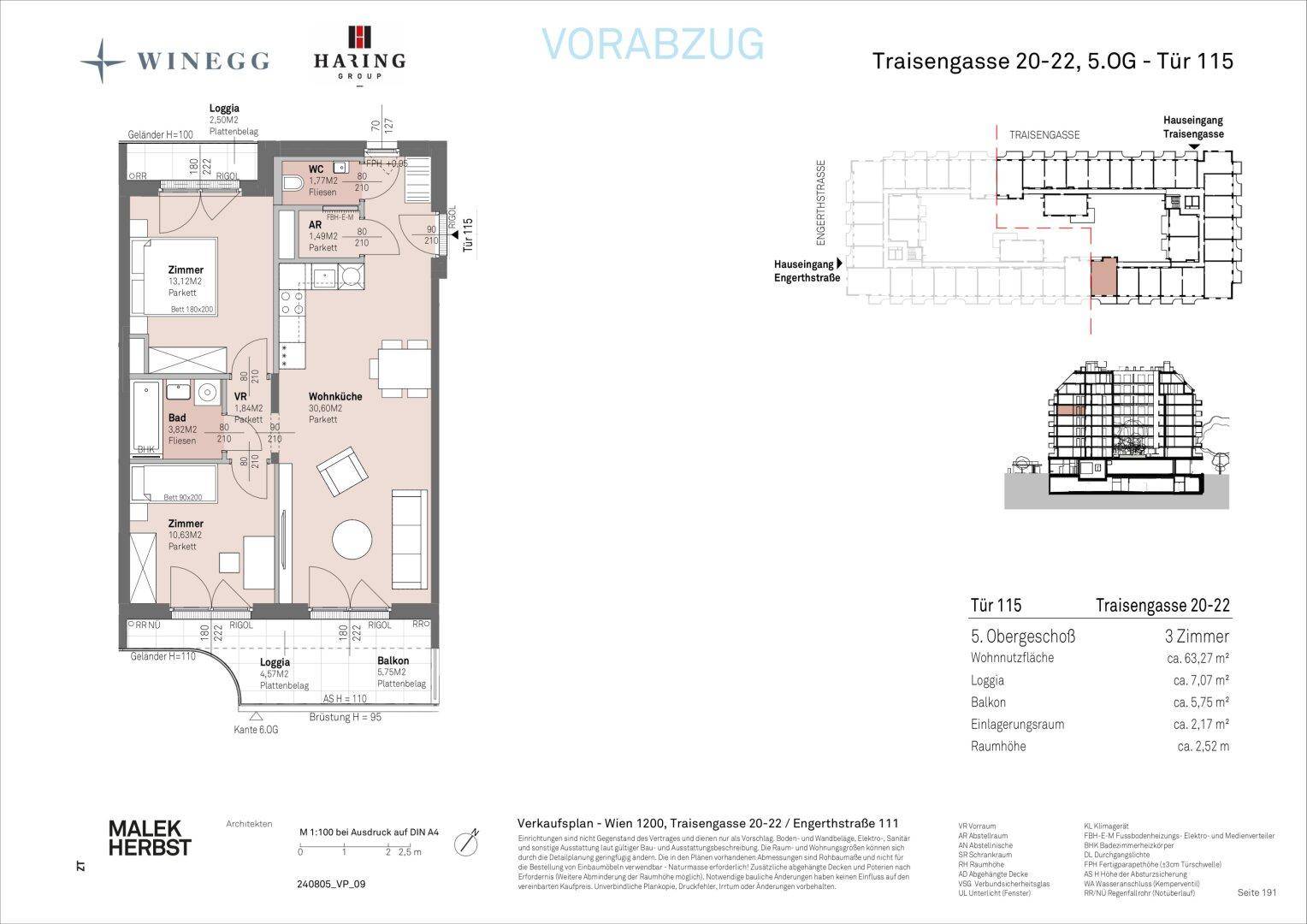 Detaillierter Grundriss einer Wohnung mit Loggia und Balkon im 5. Obergeschoss.