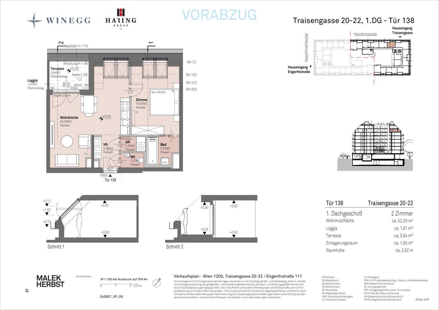 Detaillierter Grundriss einer Dachgeschosswohnung mit offener Wohnküche, Schlafzimmer, Bad, separatem WC, Loggia und Terrasse.