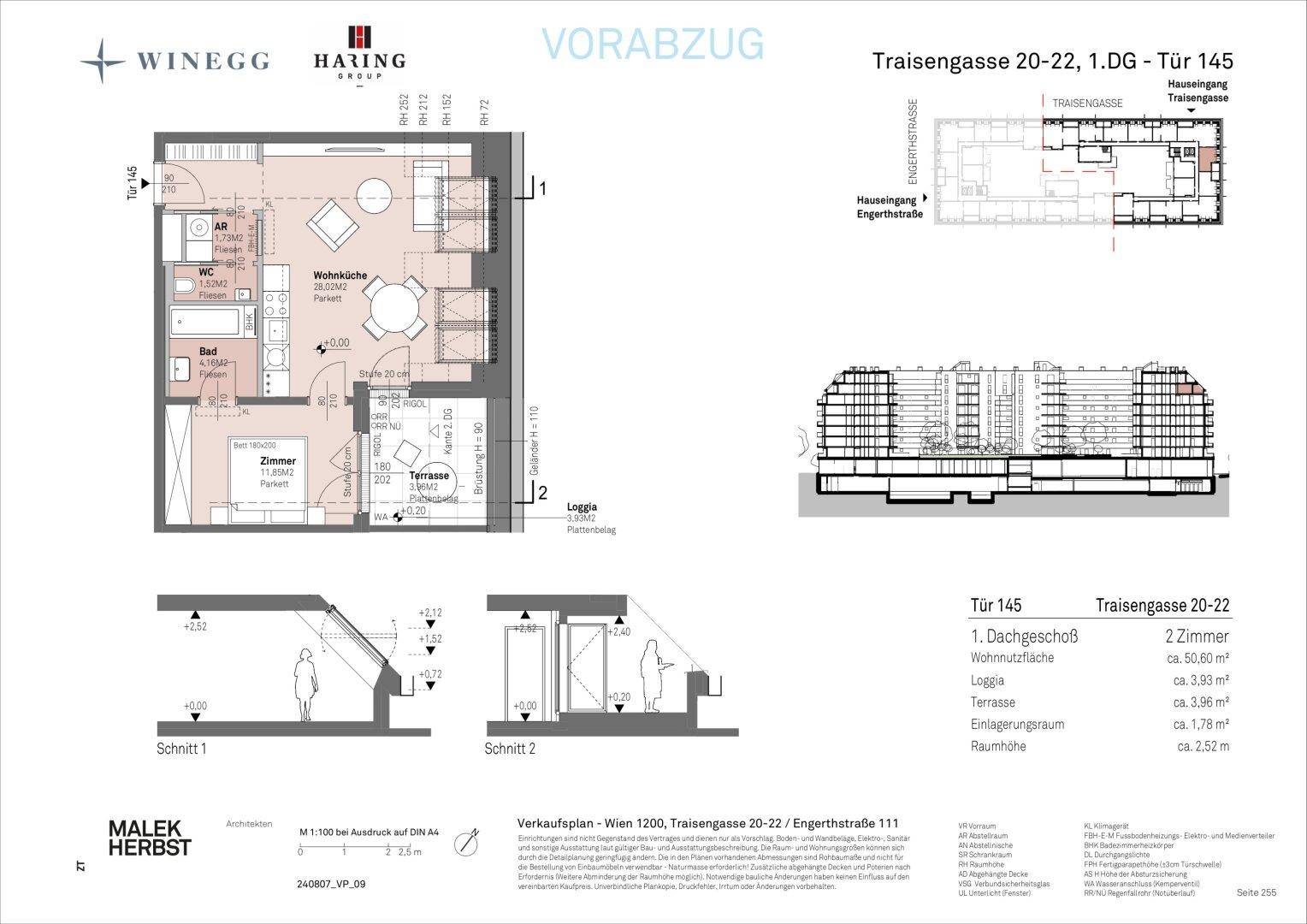 Grundriss einer Dachgeschosswohnung mit offener Wohnküche, einem Schlafzimmer, Bad, separatem WC, Terrasse und Loggia.