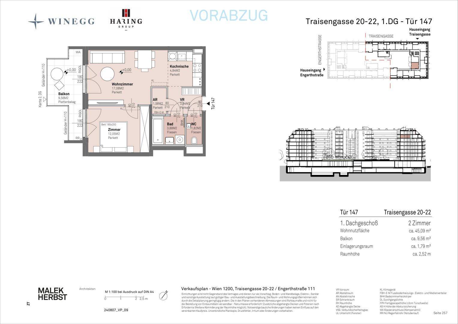 Grundriss einer Wohnung mit Wohnzimmer, Schlafzimmer, Kochküche, Bad, WC und Balkon.