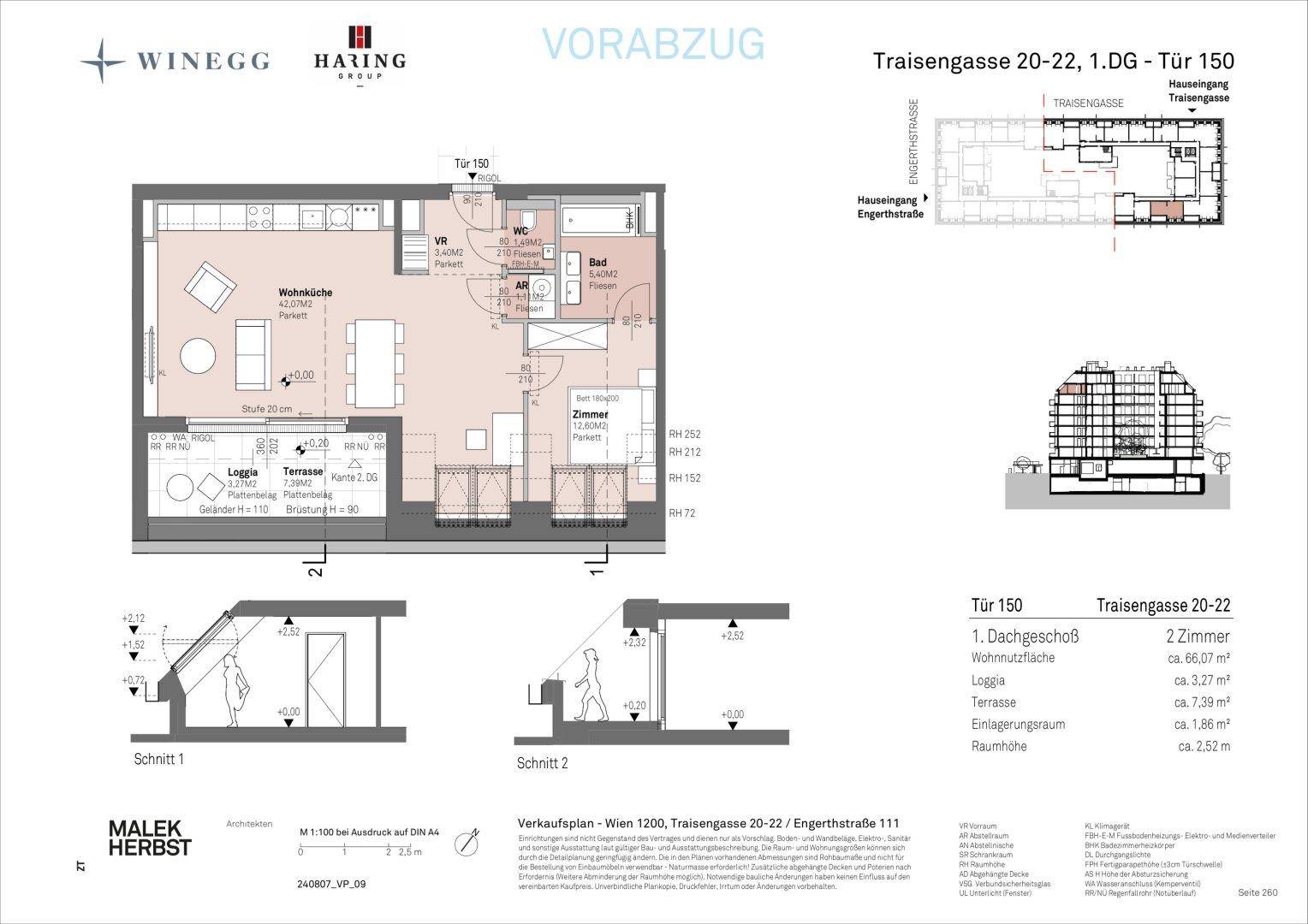 Grundrissplan einer Dachgeschosswohnung mit offener Wohnküche, Loggia und Terrasse.